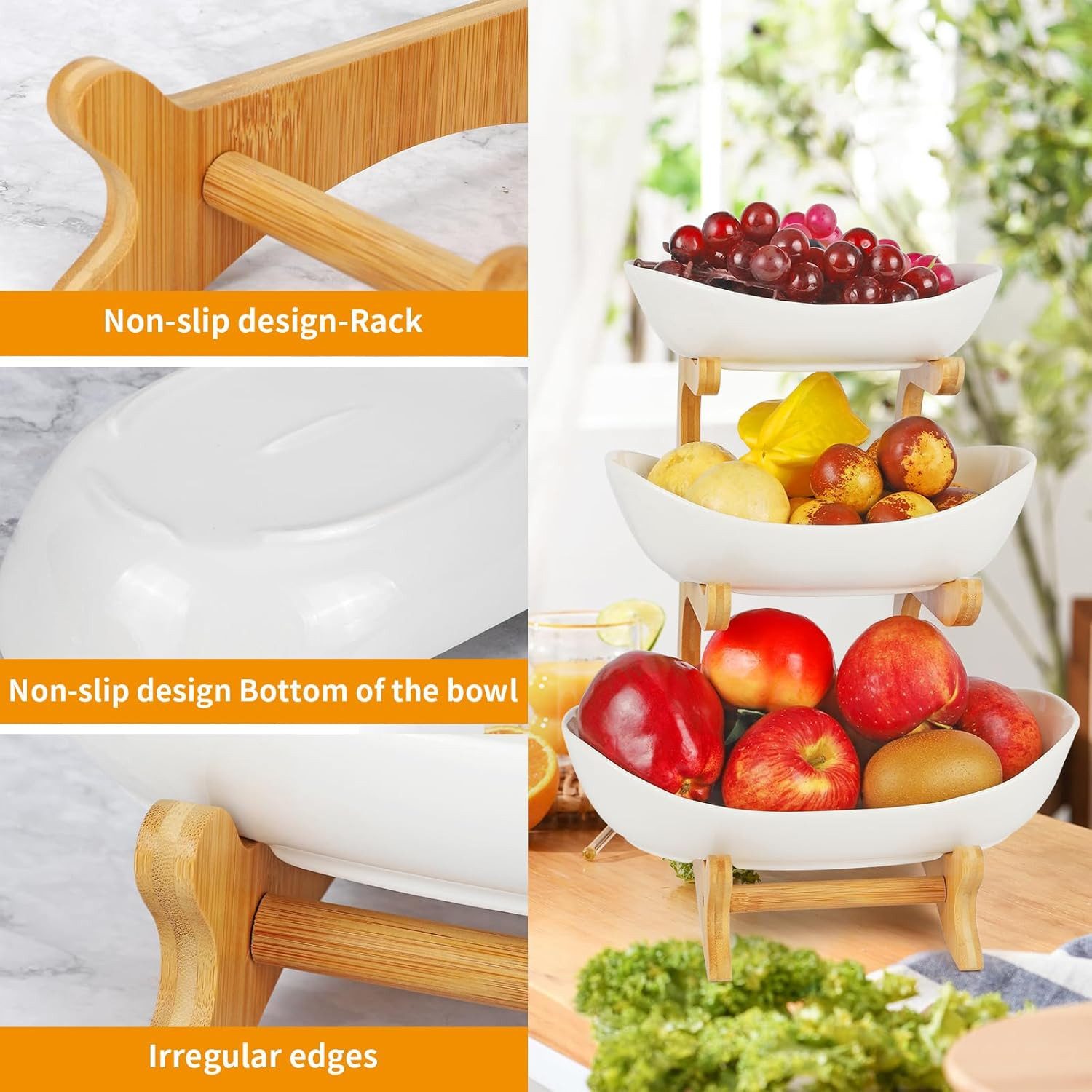 Refined Living Obstschale Obstschale, Fruchtkuchen Stehen, 3-stöckiger Keramik-Obstkübel, Bambusholz + Keramik C, (Keramik Obstschale, Obstablage mit Holzständer, Dekorative Obstablage, Mehrstöckige Obstschale, Küchenablagekorb, Küchenablagekorb und Dekoschalen für die Arbeitsplatte, Große Kapazität & Platzsparend, BPA-freie Keramik, 1-tlg), für Küchendekoration Gemüse Obst Snacks, Süßigkeiten, Kleine Kuchen