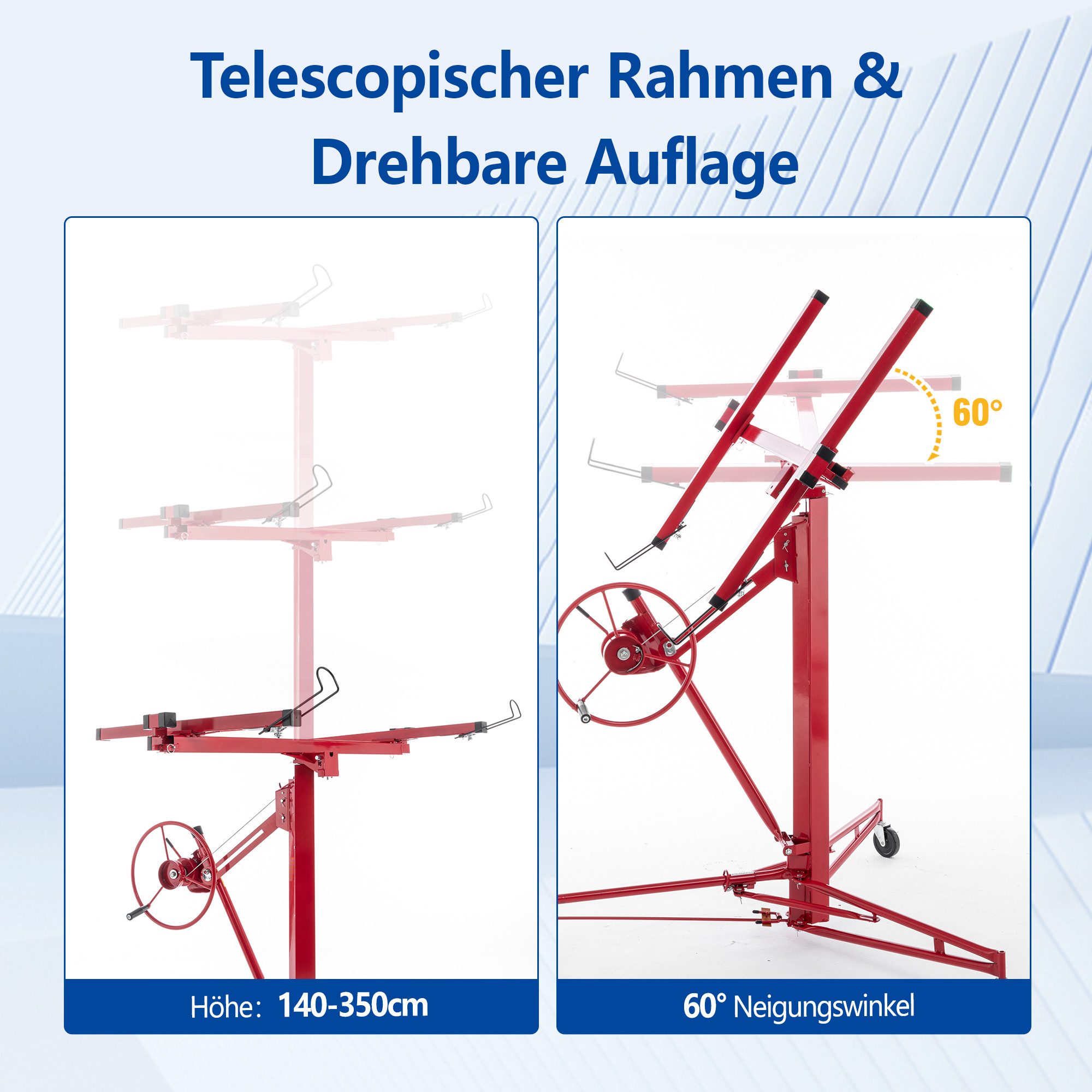 BlingBin Plattenheber Gipskarton-Heber für Trockenbaupletten und Decken: Max. 68 kg, max. 68 kg Traglast, 1er Set, 1-tlg.], Arbeitshöhe 140-350cm, Arbeitshöhe 140-350 cm, 60° Neigung für einfachen Transport