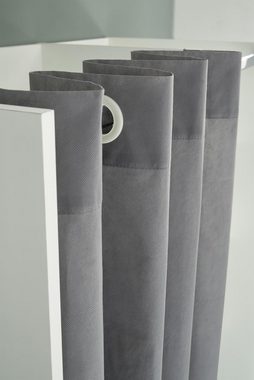 möbelando Kleiderschrank Jill Verstellbarer Kleiderschrank aus Spanplatte in Weiß, Vorhang aus 100% Polyester in Grau mit 4 Konstruktionsböden, 2 Einlegeböden und 1 Kleiderstange. Breite 120-157 cm, Höhe 195 cm, Tiefe 50 cm