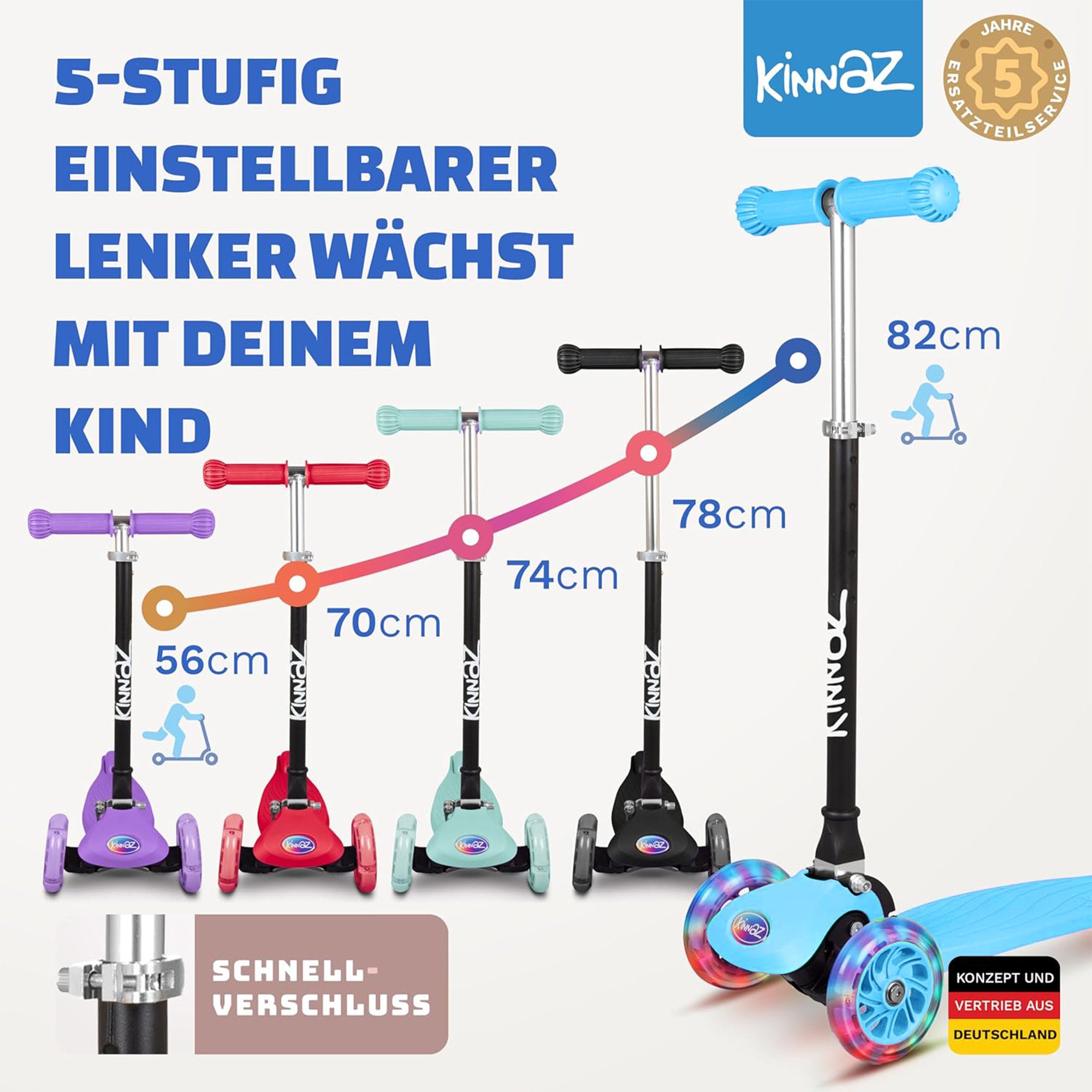 KINNAZ Dreiradscooter ab 2 Jahre LED, faltbar, Höhe flexibel, Kinderoller, Scooter, Roller, (Kinderroller, kinnaz ONE), Händler aus Hamburg – Bild 2 von 5