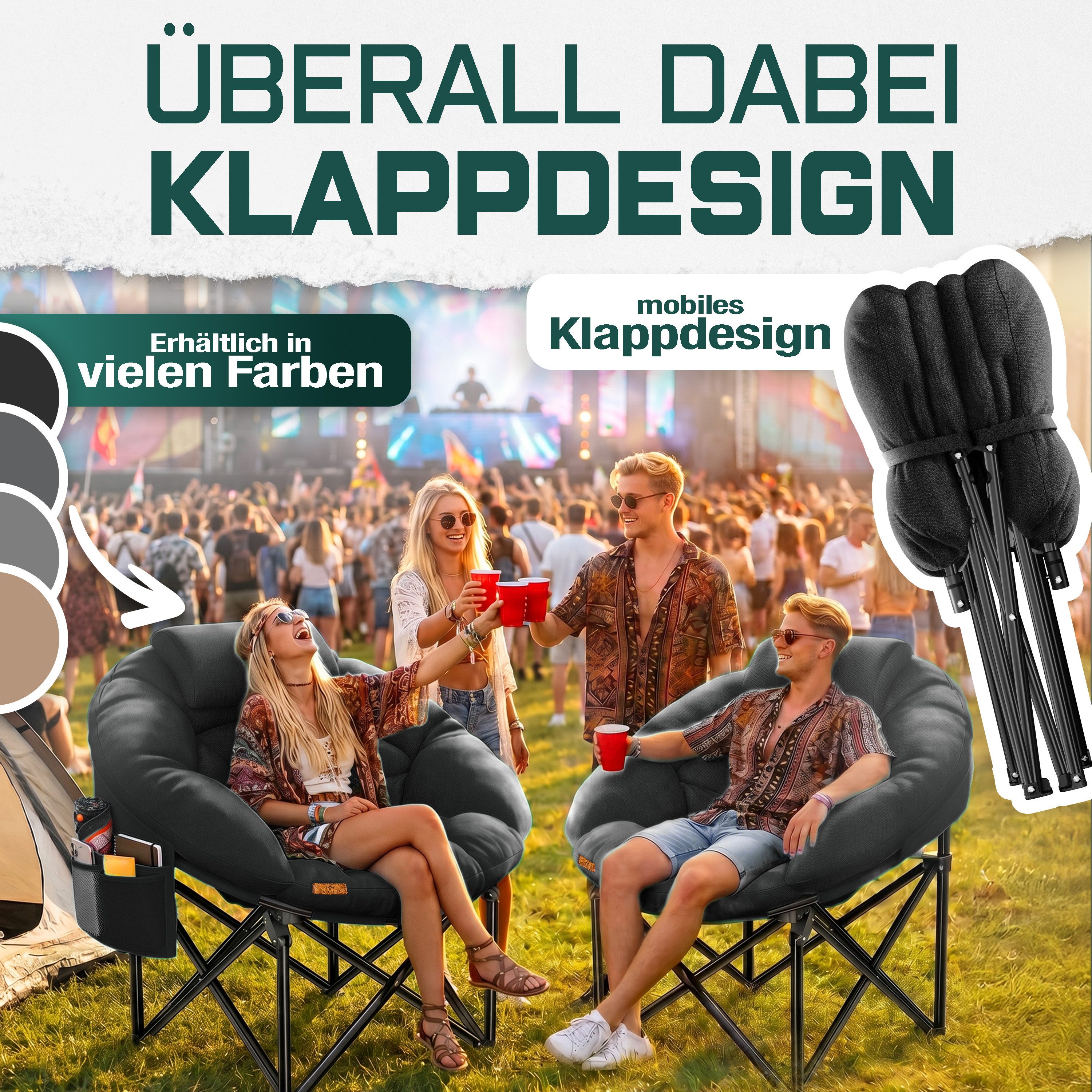 KESSER Campingstuhl XXL faltbar, bis 150 kg, inkl. Kissen, Seitentasche & Cover, Outdoor + Indoor für Camping, Angeln, Festival & Stran – Bild 4 von 5