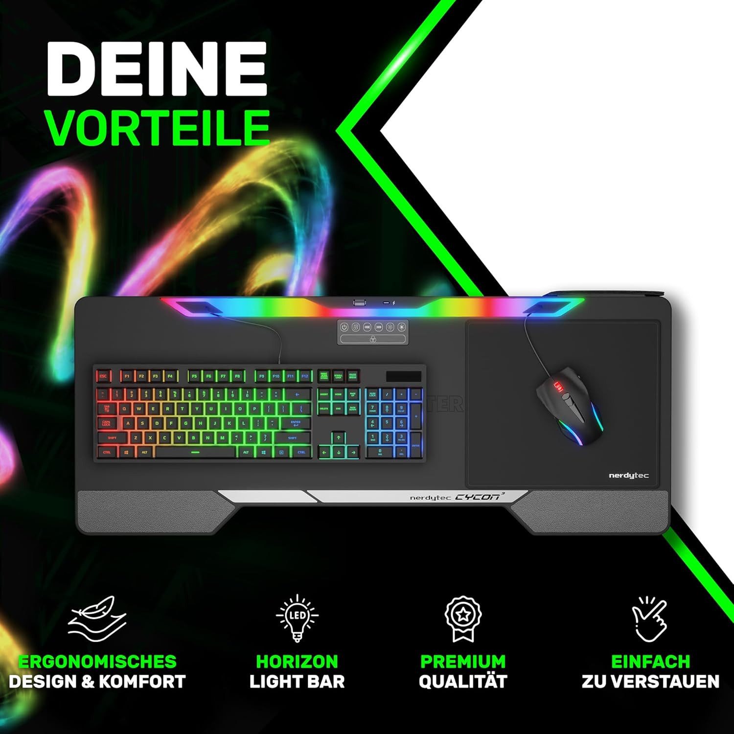 COUCHMASTER Computertisch Lapboard³ ein vollwertiger Arbeitsplatz oder Gaming-Spot. (Board, Mauspad, USB Verlängerung (5m), Anschlusskabel (0,8m), Netzteil), 6 USB Ports, Touch, RGB LEDs, Handballenauflagen, Kabel-Management