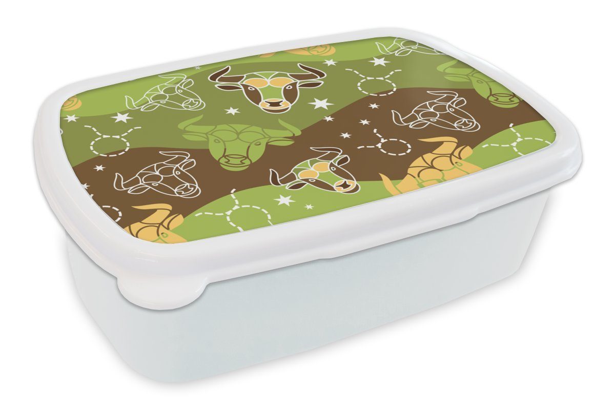 und - Mädchen Jungs - Grün Brotbox - weiß für Tierkreiszeichen Brotdose, Muster, (2-tlg), Stier MuchoWow Kinder für Erwachsene, Kunststoff, und Lunchbox