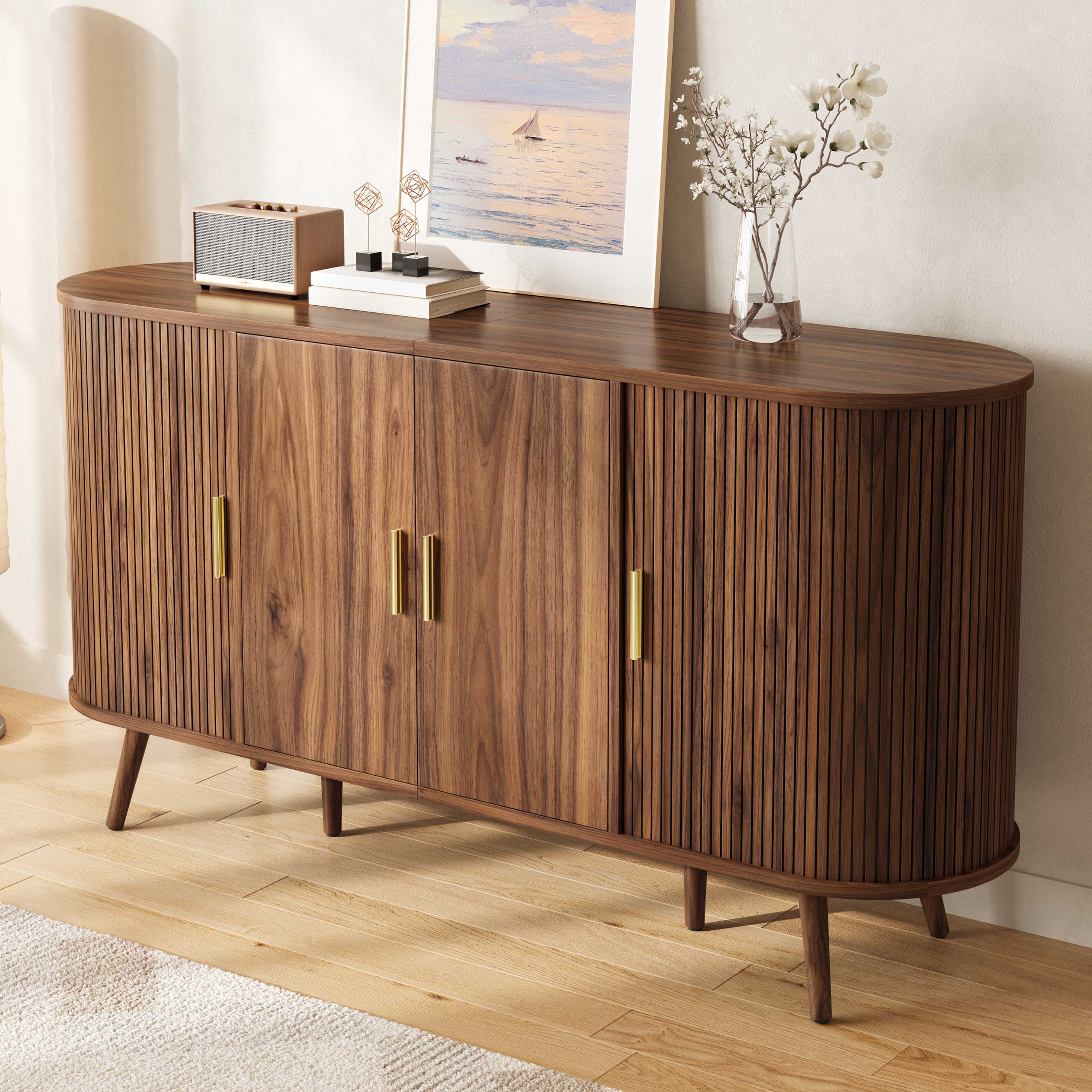 BlingBin Sideboard Kommode Buffetschrank Rillenoptik mit Lamellen-Schiebetüren (1 St., mit 4 Türen,verstellbarem Einlegeboden, Metallgriffen,150x40x79 cm), Skandinavischer Stil in Holzoptik,für Wohnzimmer Schlafzimmer Flur