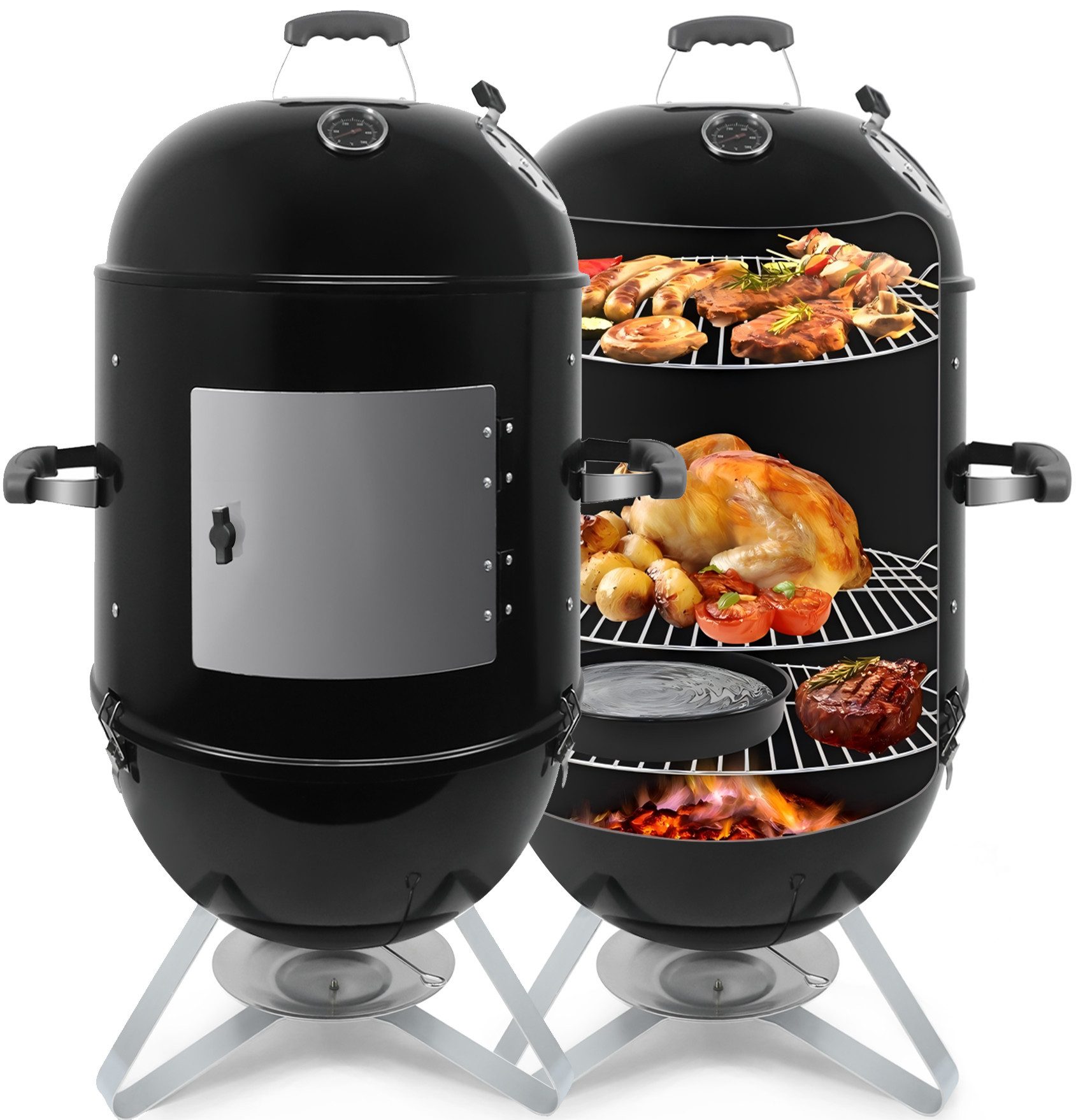 SunJas Holzkohlegrill 22018S 3 in 1 Räucherofen 92cm XXL Emaille-Beschichtung, gartengrill, campinggrill kugelgrill, Smoker Grill mit Räucherhaken und Thermometer, Grilltonne Räuchergrill