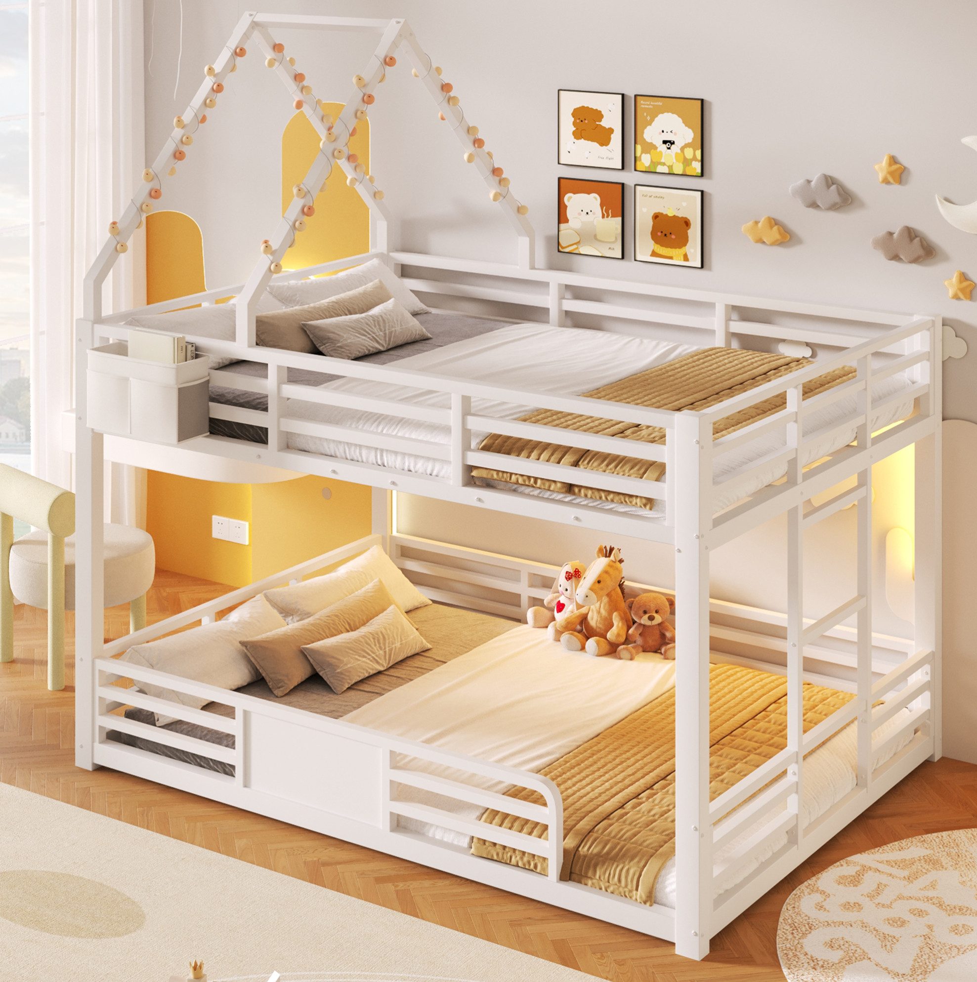 OKWISH Hochbett 140x200 cm Etagenbett Metall Weiß mit Hausbett Gestaltung (Packung, 1-St., Schlafbett mit Sicherheitsgeländer ohne Matratze fürs Kinderzimmer) Kinderbett mit LED Beleuchtung Dachrahmen und Stofftaschen