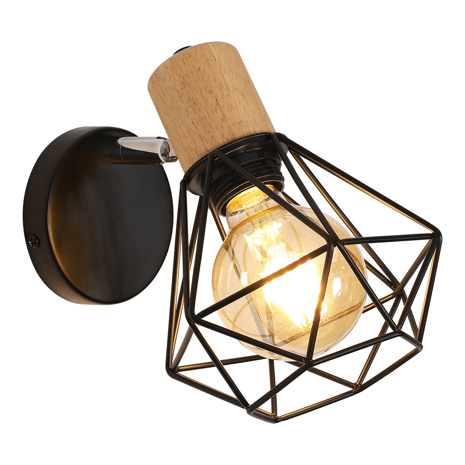 Riserva Wandleuchte Industriell-Vintage Schwarze Holz Diamant Wandlampe E27 Schwenkbar