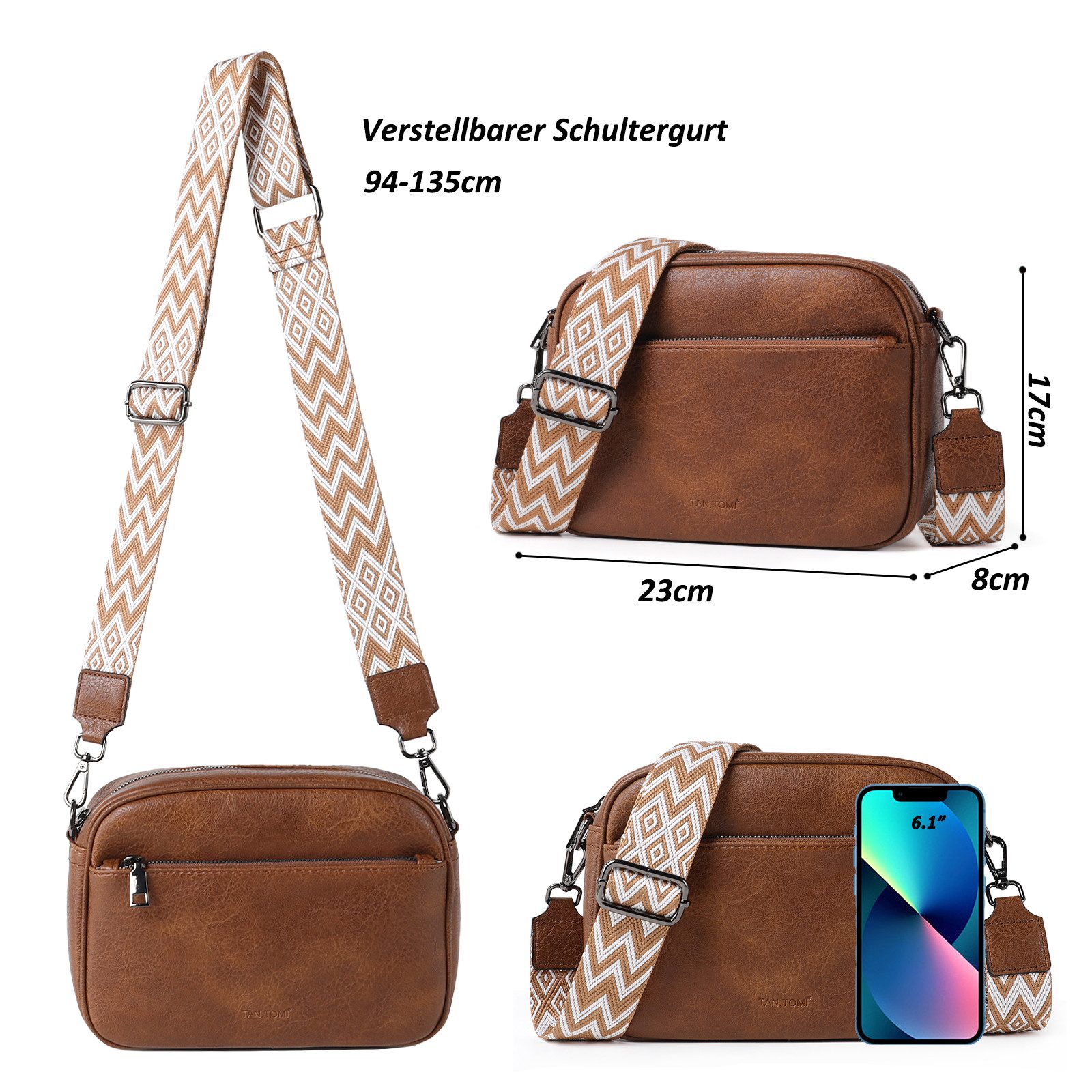 TAN.TOMI Umhängetasche Damen Handy Schultertasche, Kunstleder Crossbody Umhängetasche (Drei Reißverschlussfächern mit Verstellbar Abnehmbar Schultergurt), Breiter Riemen Abendtasche
