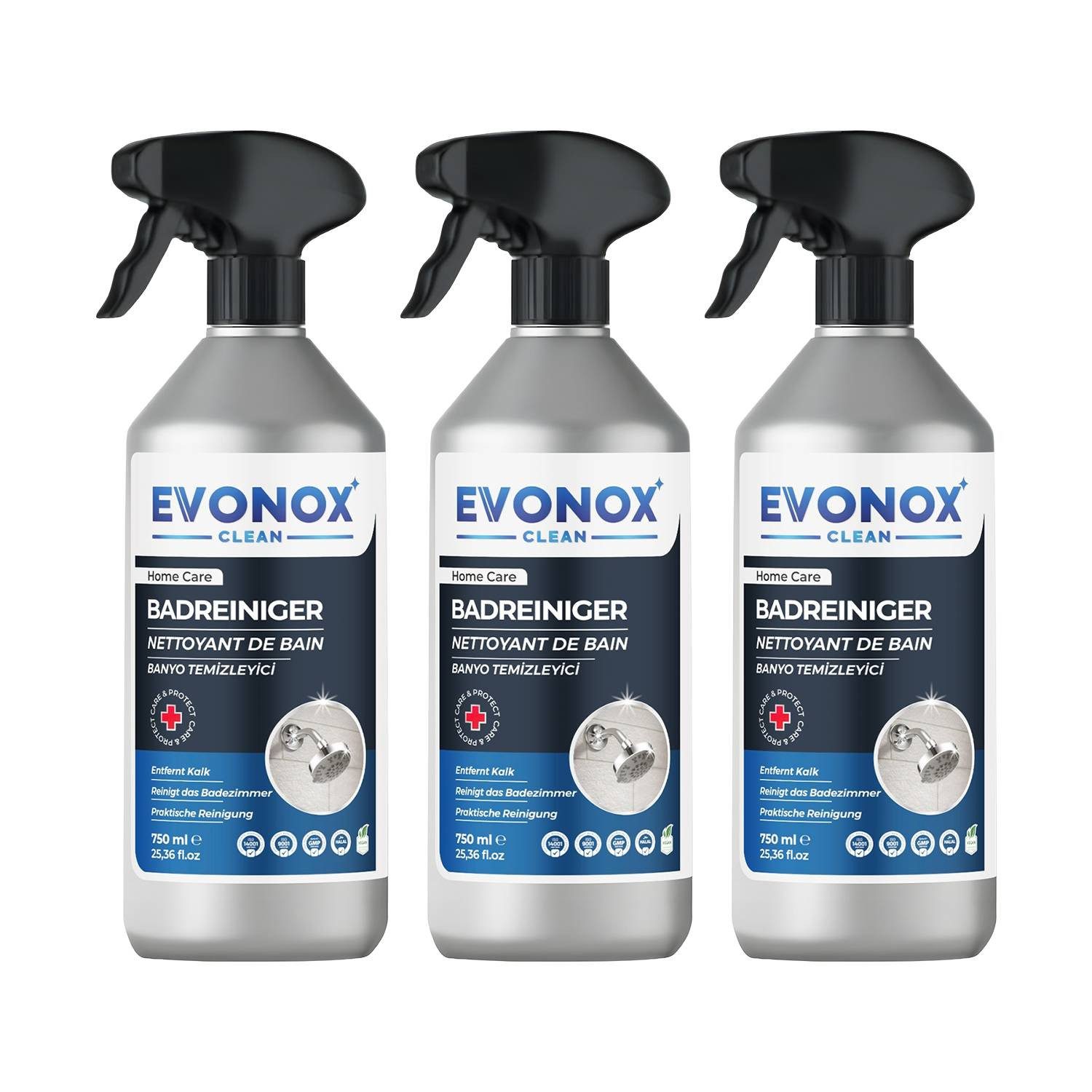 EVONOX Badreiniger Spray - Zur Reinigung von Kalk und Seifenrückständen 750ml Badreiniger (3-St)