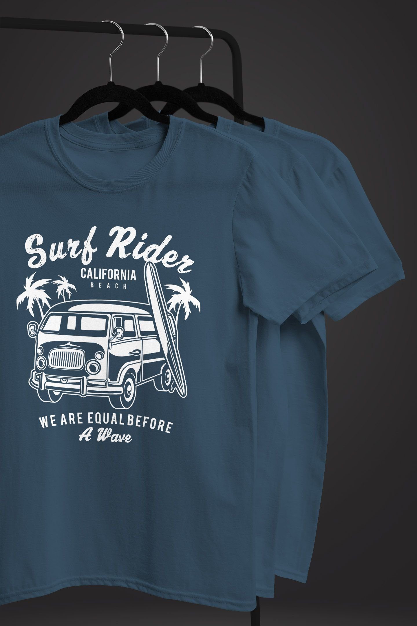 T-Shirt Neverless Bus Surfing Retro Herren Slim blau Print-Shirt mit Neverless® Print Fit