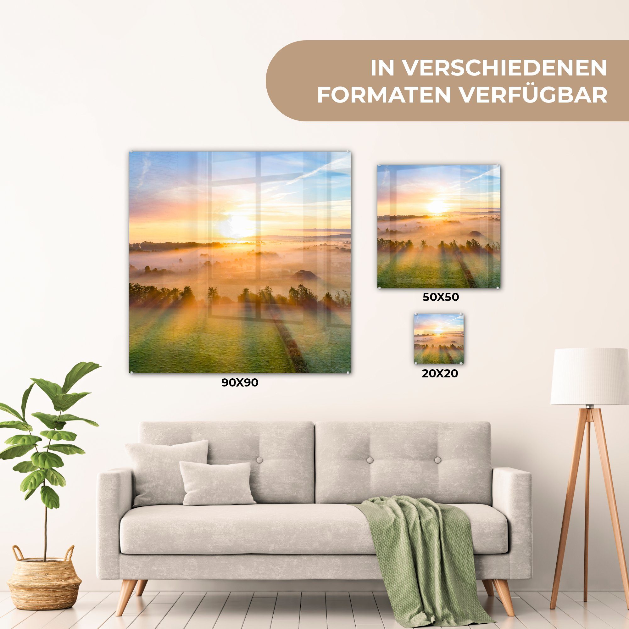 MuchoWow Acrylglasbild Farbenfroher Sonnenaufgang Landschaft, auf Glas (1 ruhigen auf Wandbild einer Bilder Wanddekoration - - St), Glas über - Foto Glasbilder