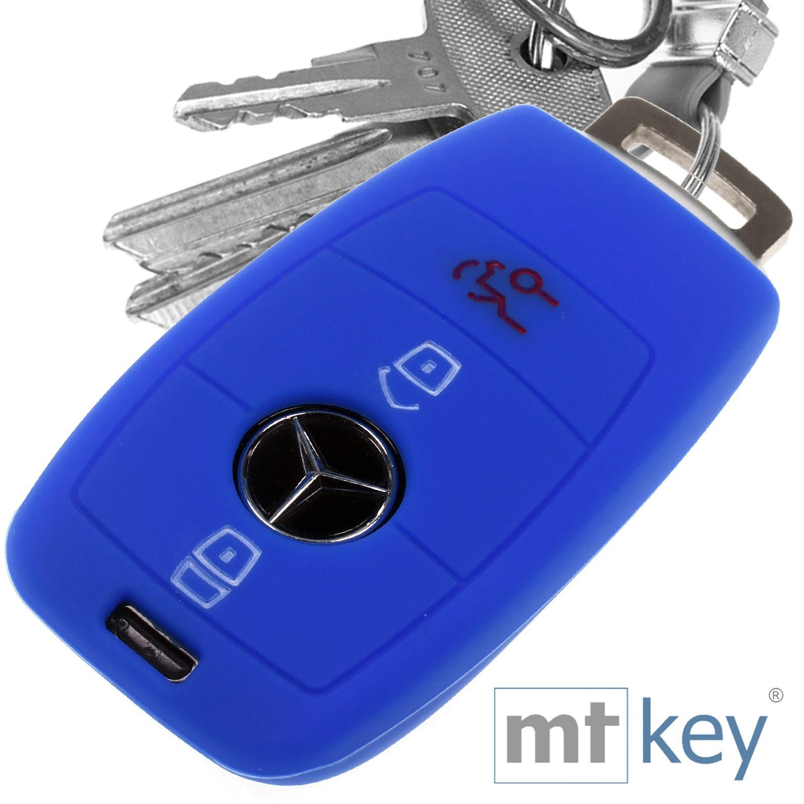 mt-key Schlüsseltasche Autoschlüssel Softcase Silikon Schutzhülle Blau, für Mercedes Benz E-Klasse W213 S213 C238 A238 3 Tasten KEYLESS