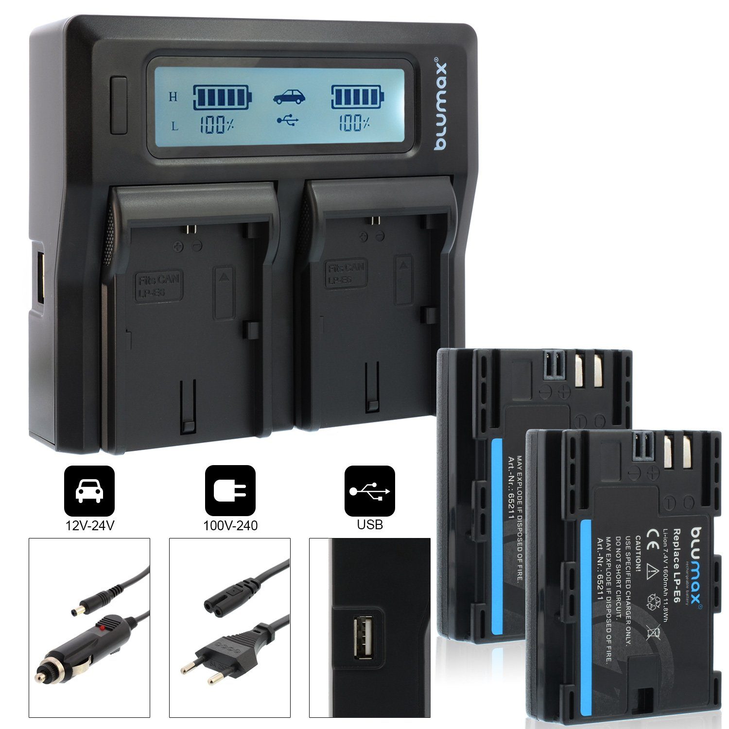 Blumax Set mit Lader für Canon LP-E6 EOS LP-E6N 1600 mAh Kamera-Akku