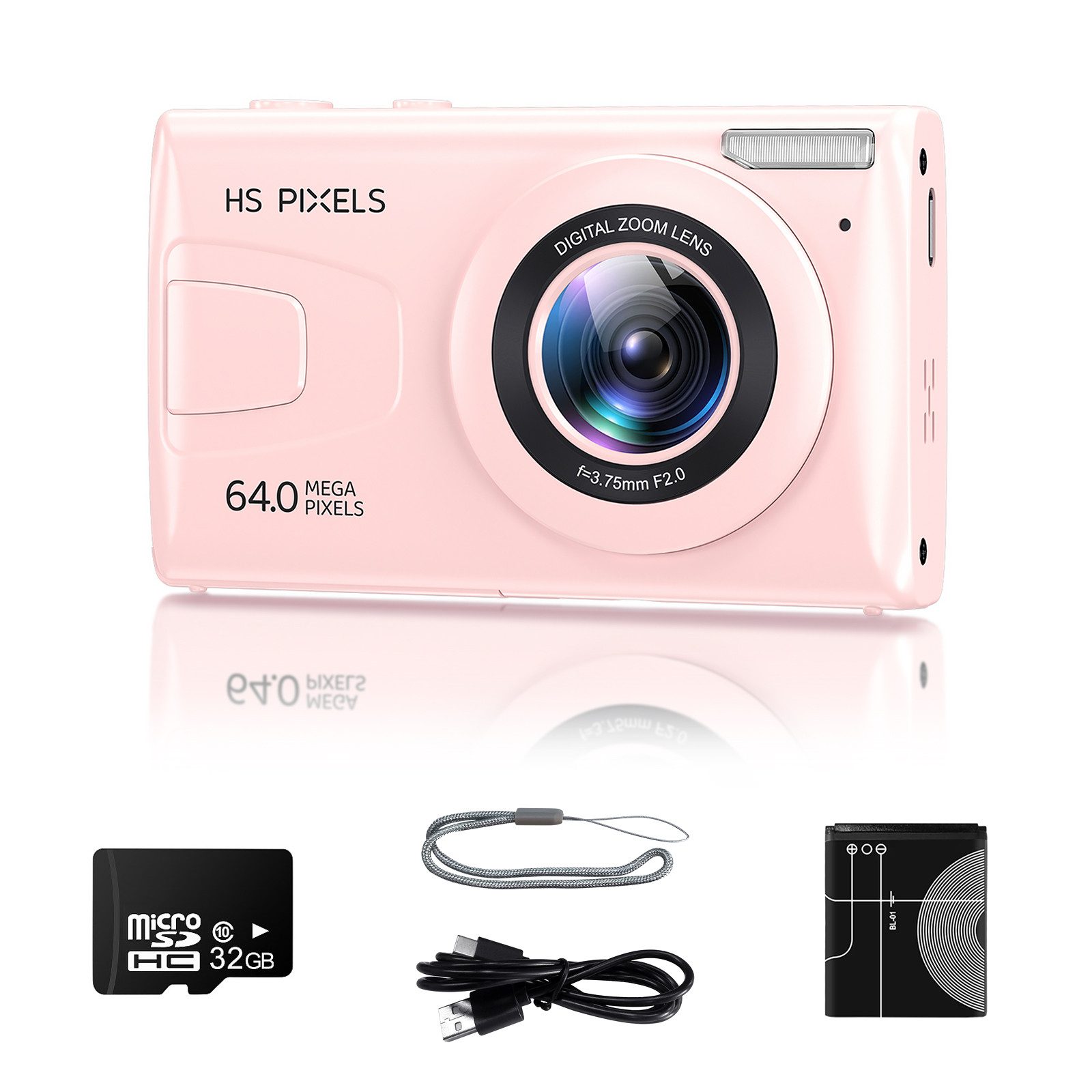 HT Digitalkamera 64MP 1080P FHD Fotokamera mit 3,0 Zoll Bildschirm Kompaktkamera (inkl. 18X Digitalzoom Tragbar Kompaktkamera mit 32GB TF-Karte, USB-Kabel, für Teenager Erwachsene Anfänger)
