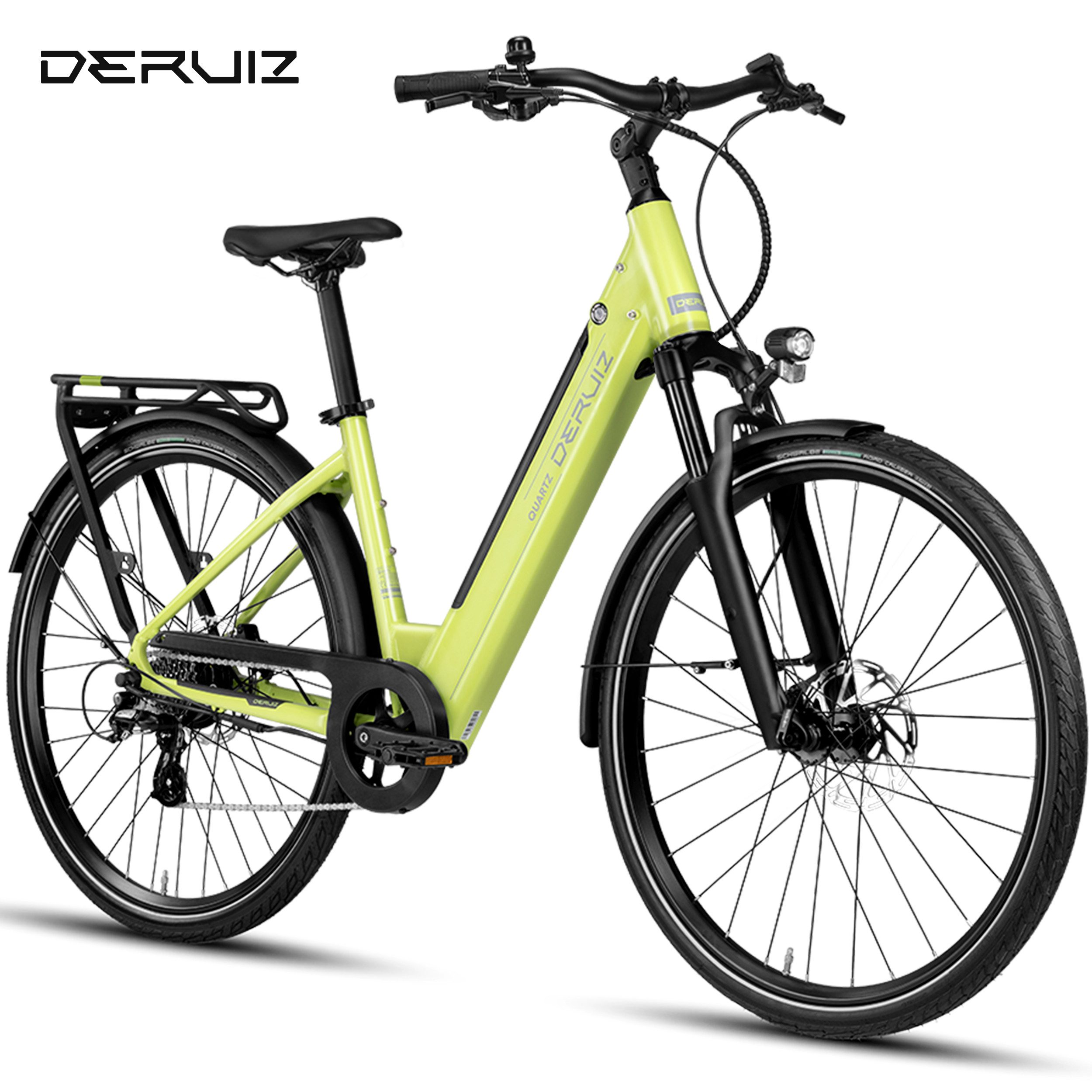 DERUIZ E-Bike Cityrad 28 Zoll, Quartz M/2.0/SUV, 120-160km, Drehmomentsensor, Bluetooth+APP, 8 Gang SHIMANO Altus RD-M310 Schaltwerk, Kettenschaltung, Heckmotor, 644 Wh, (5 Stufen, Aluminium-Schutzbleche), Quartz 2.0, nur 20kg, Lockout-Federgabel, Elektrofahrrad, E-Citybike