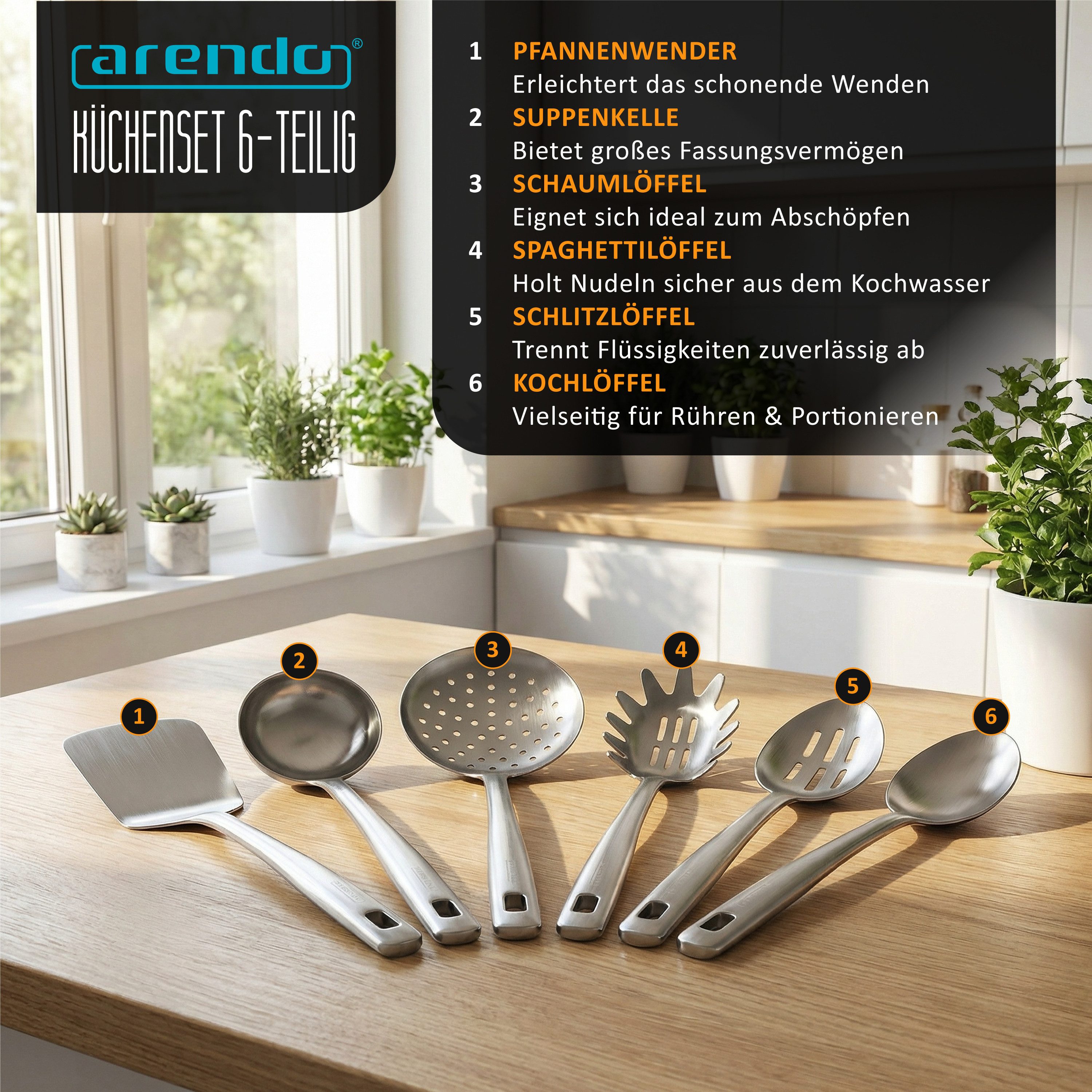 Arendo Kochbesteck-Set Küchenhelfer 6er Set, spülmaschinenfest, Edelstahl, hygienisch (Set, 6-tlg), hitzebeständig, rostfrei, nahtlos, spülmaschinengeeignet, Aufhängeöse