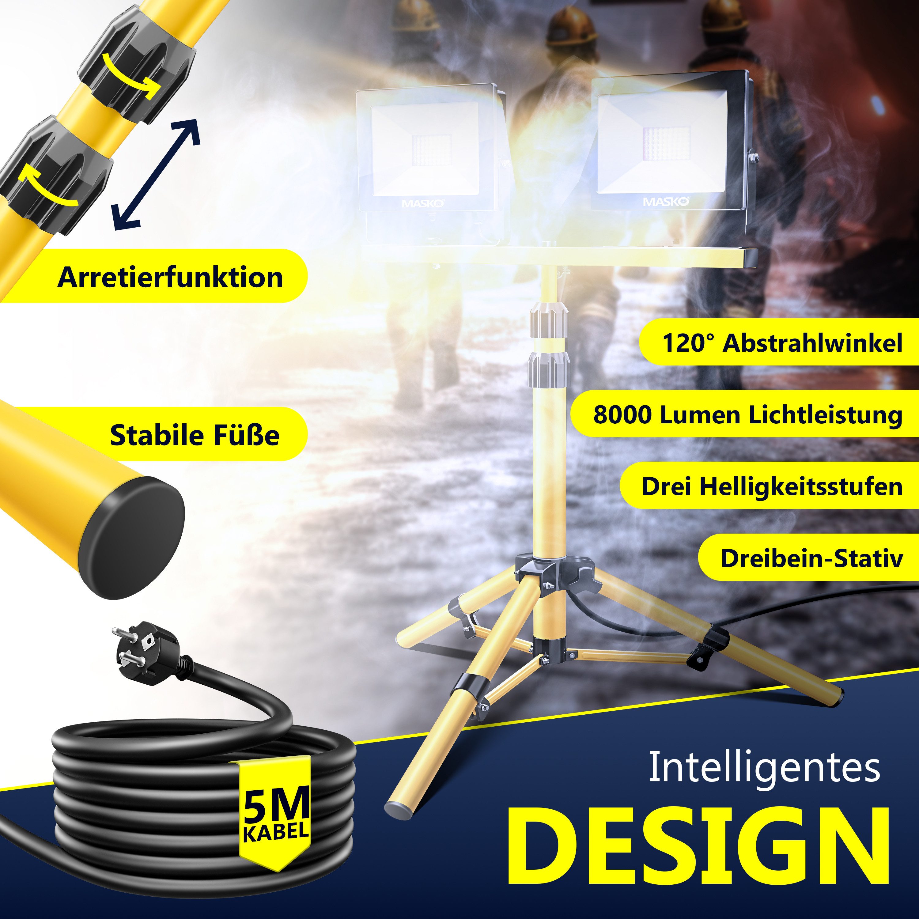 MASKO LED Baustrahler LED Fluter mit Stativ höhenverstellbar bis 202cm, 8000 Lumen Strahler, LED fest verbaut, Kaltweiß, 2x50W LED Arbeitsleuchte für drinnen & draußen, IP65, 5m Kabel