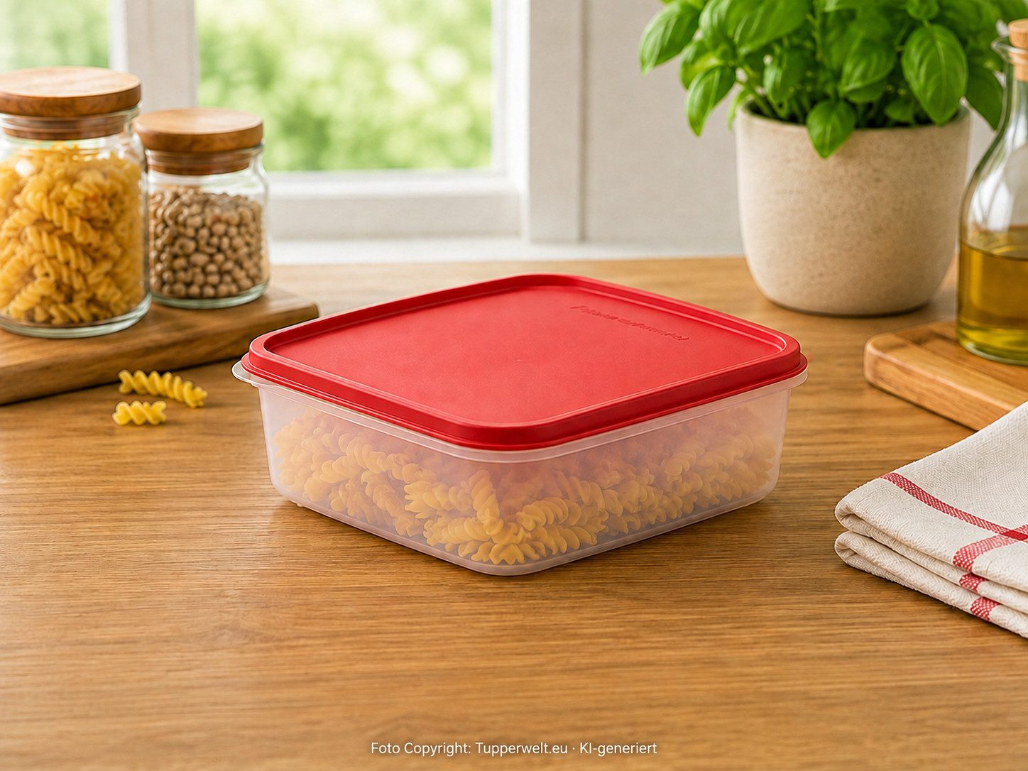 TUPPERWARE Vorratsdose Tupperware Eidgenosse quadratische Box 1,1 l – roter Deckel