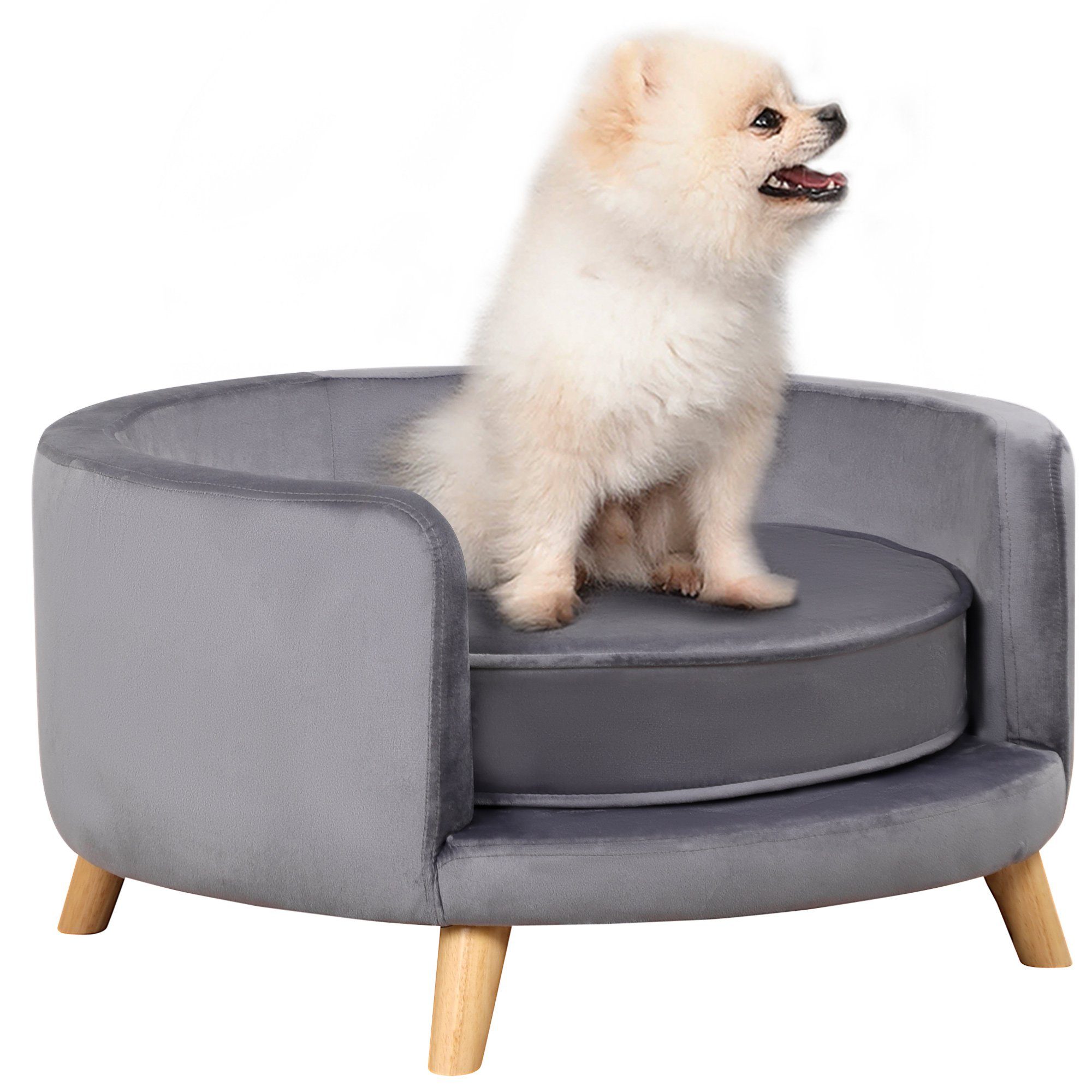 PawHut Tierbett Hundesofa, Haustiersofa mit Samtoptik Katzensofa mit Kissen, Polyester, Hundecouch mit Erhöhtem Design