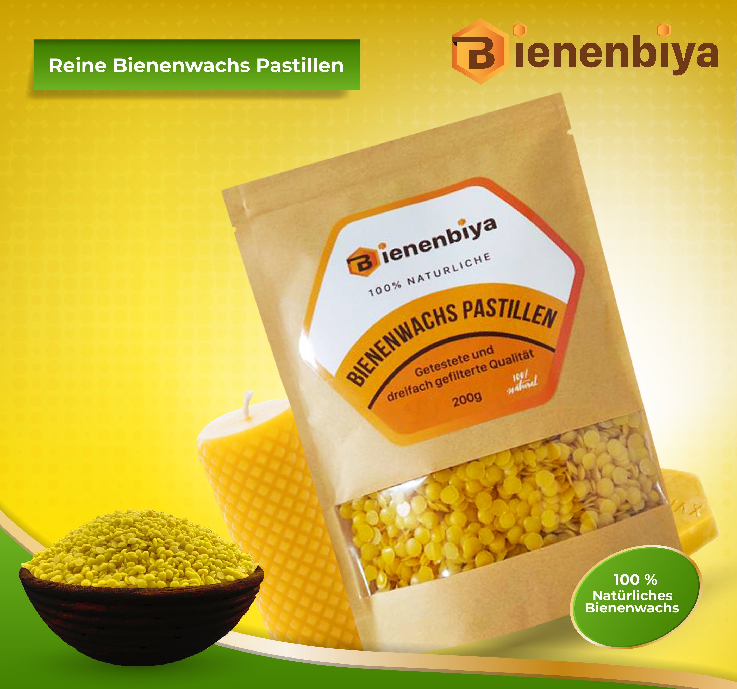 Bienenbiya Bienenwachstücher 200g/400g/1Kg 100% Reine Bienenwachs Pastillen ohne Zusatzstoffe, natürliches Beeswax für Salben,Kosmetika,Seifen,Kerzenherstellung und Leder-/Holzpflege, 100% natürlich ohne zusatzstoffe