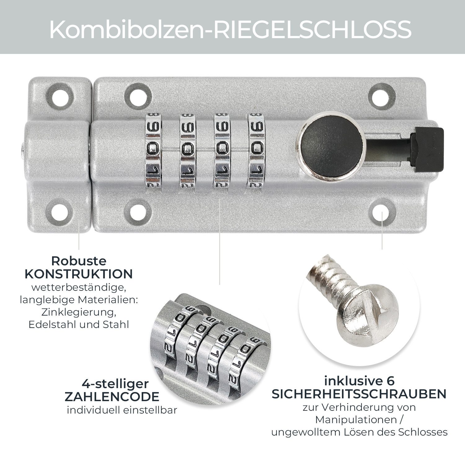 HMF Bolzenriegel Riegelschloss 3591-09, Türriegel mit 4-stelligem Zahlencode, Din Rechts und Din Links, aus Zinklegierung, 12,2 x 4 x 4,8 cm, Silber