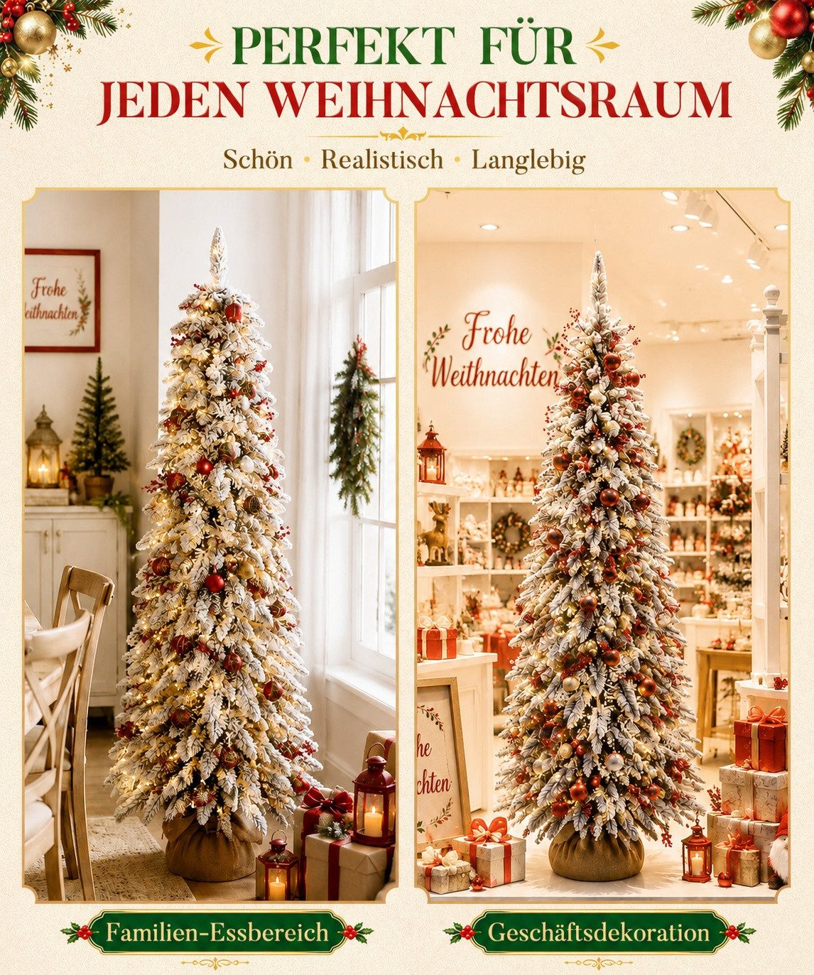 Yorbay Künstlicher Weihnachtsbaum Schlank Christbaum beflockt mit warmweißen LED Beleuchtung, Fichte, Pencil tree für Weihnachten-Dekor, 120cm, 225 Zweige,100 w – Bild 2 von 5