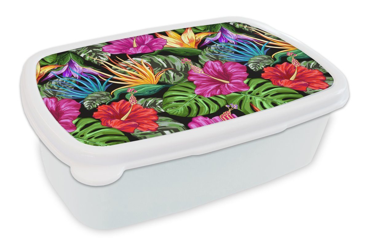 MuchoWow Lunchbox Tropisch - Muster - Monstera, Kunststoff, (2-tlg), Brotbox für Kinder und Erwachsene, Brotdose, für Jungs und Mädchen weiß