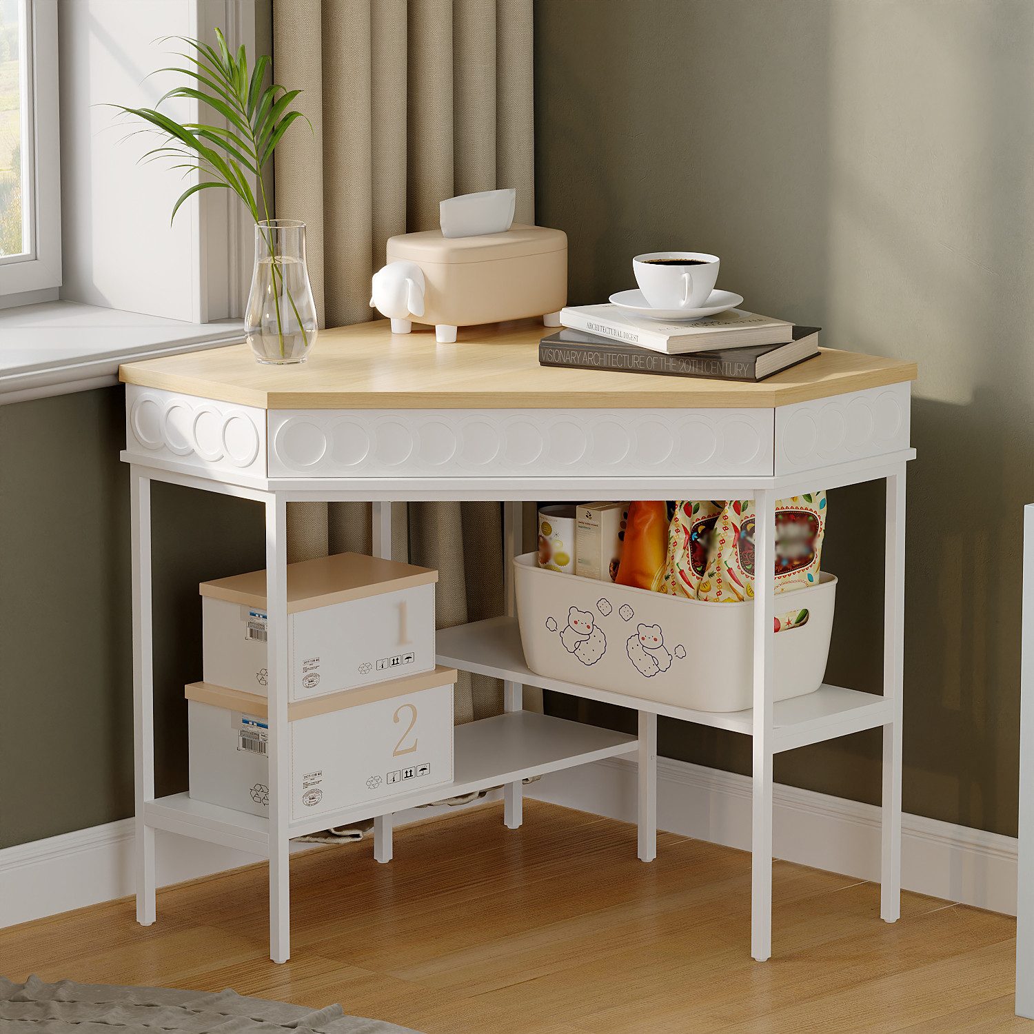 HOMSEE Eckschreibtisch mit drehbarer Ablage & 2 Regalen – Weiß + Eiche, 80 x 80 x 82,6 cm (1-St), Multifunktionaler Beistelltisch & Konsolentisch