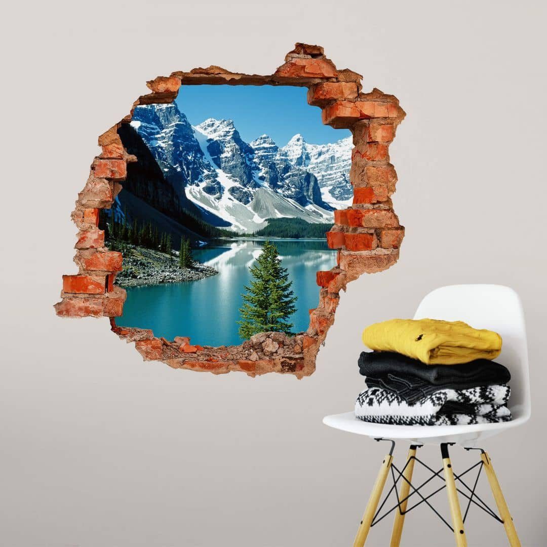 K&L Wall Art Wandtattoo 3D Wandtattoo Aufkleber Gebirge Landschaft Wandsticker Bergsee Idylle, Mauerdurchbruch Wandbild selbstklebend