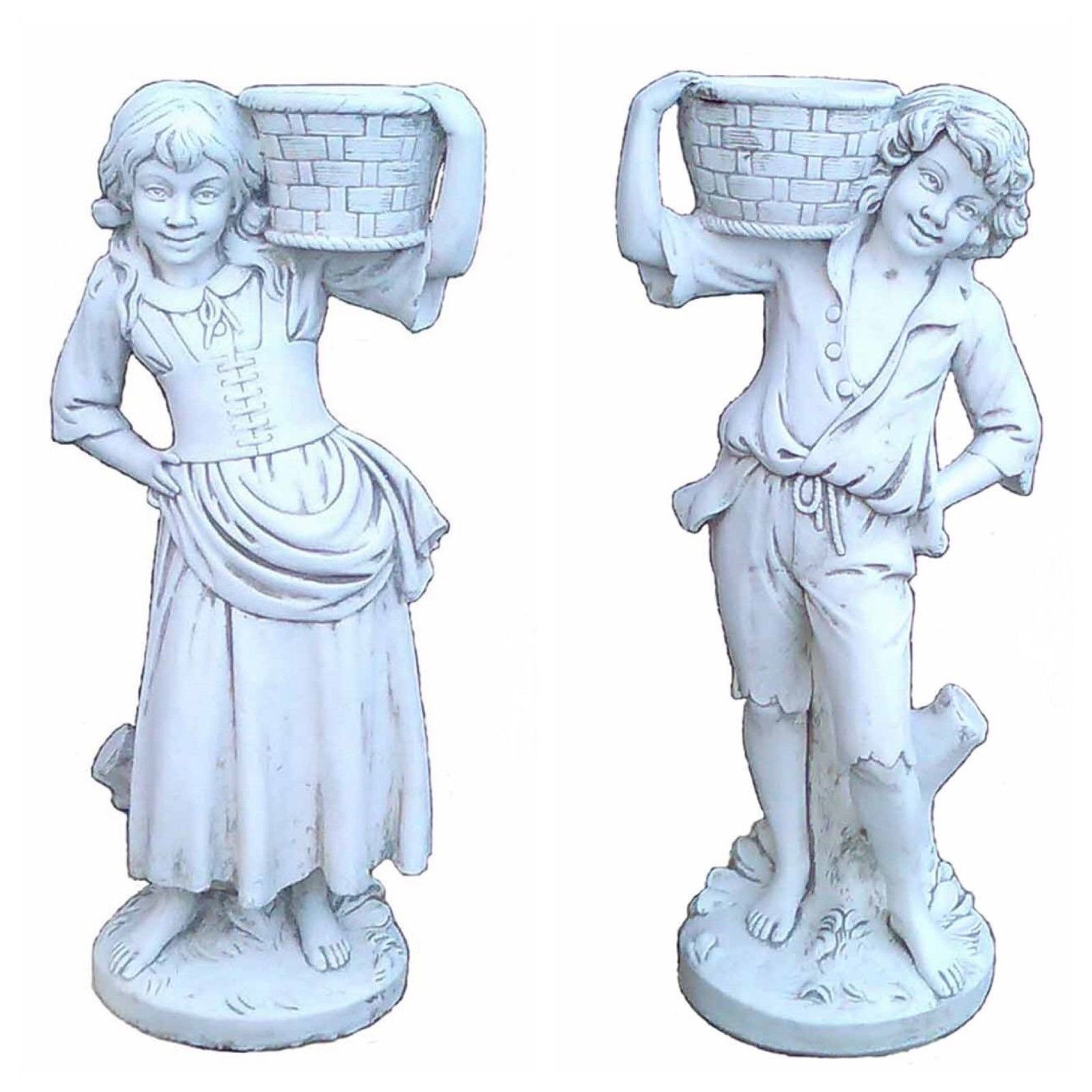 Antikes Wohndesign Gartenfigur 2 x Gartenfiguren Set Steinfigur Pflanzschale Pflanzkübel Dekofigur