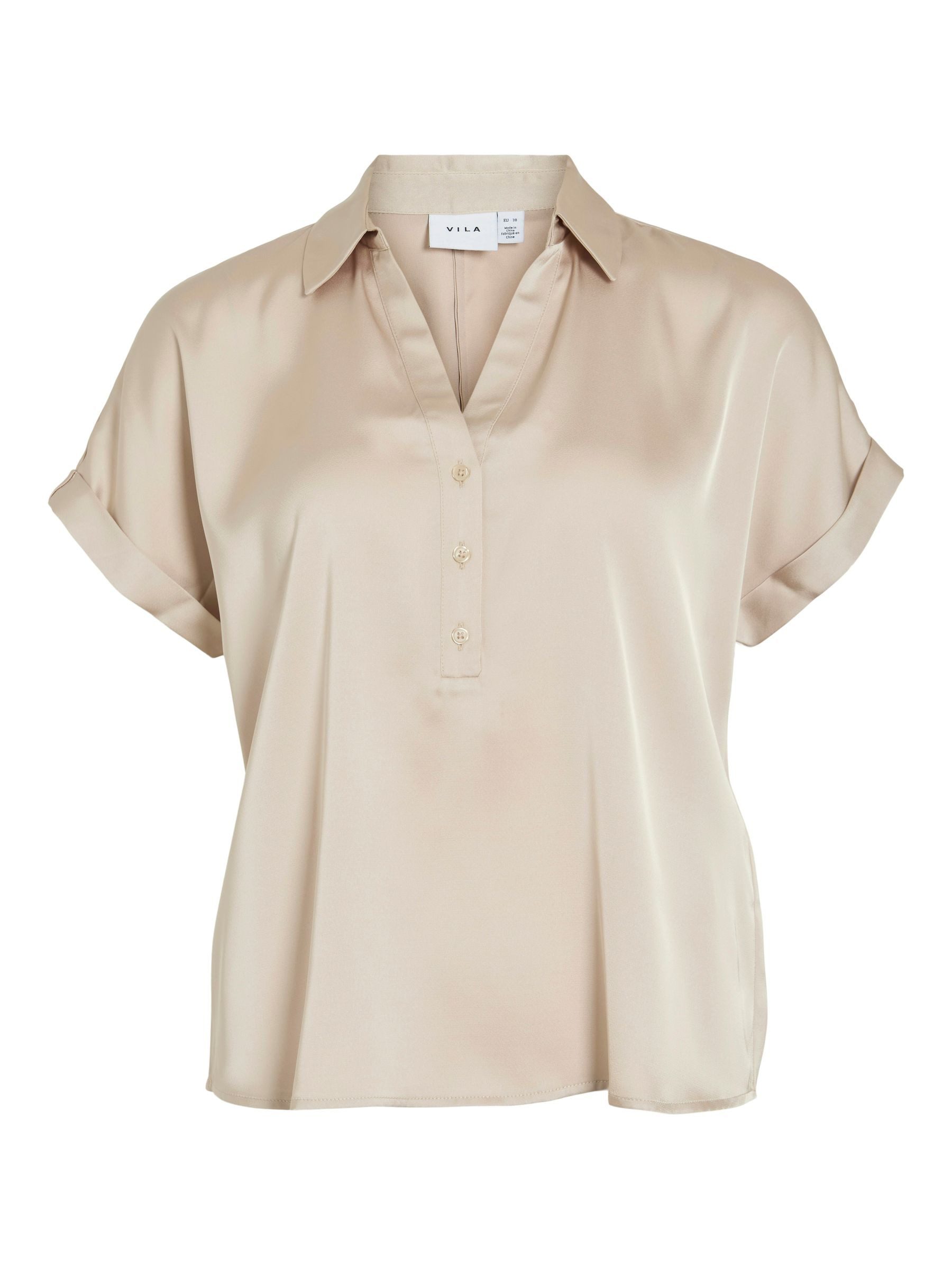 Vila Blusenshirt V-Ausschnitt Knopfleiste Satin Look Umgeschlagene Ärmel (1-tlg) VIENNA RAVENNA S/S TOP - NOOS