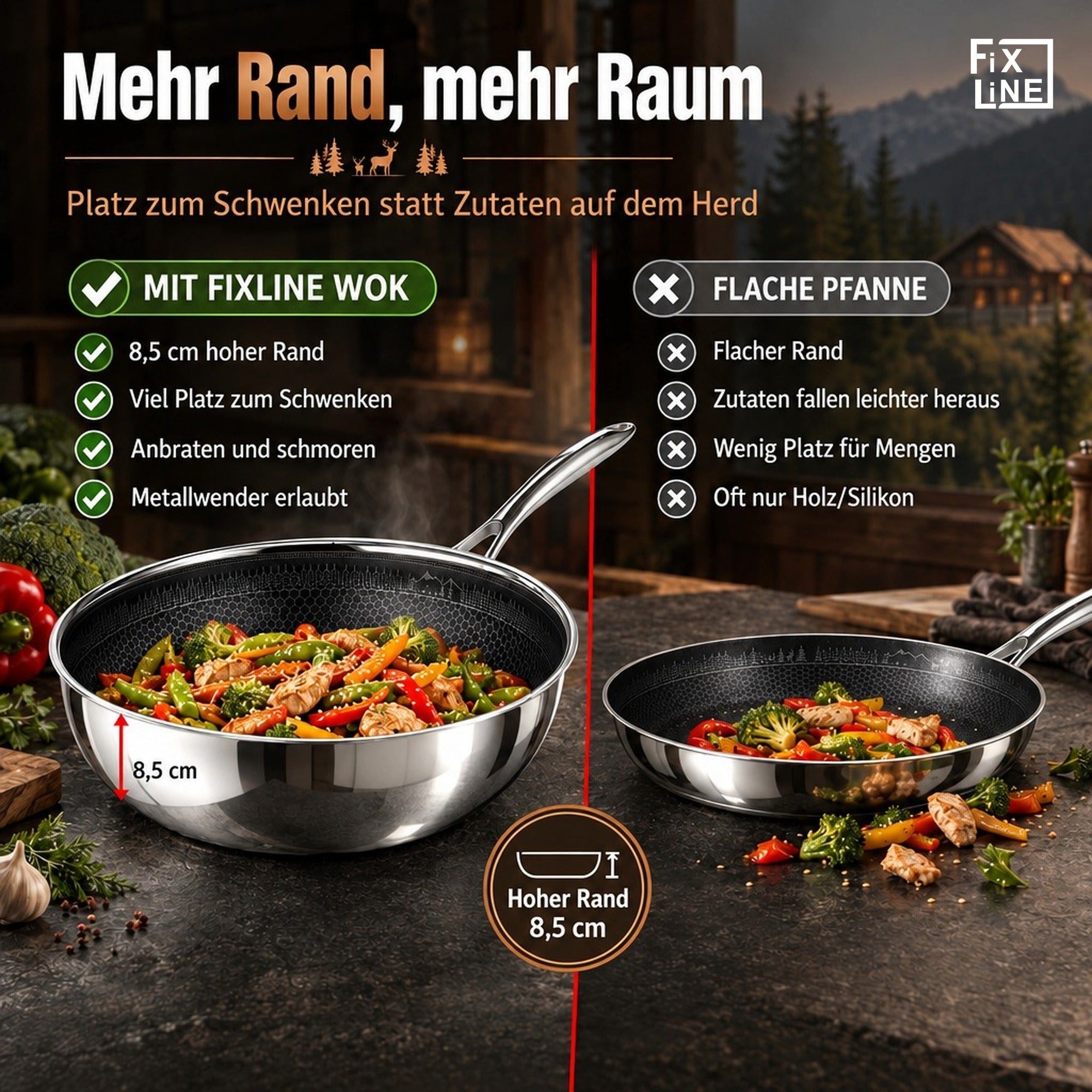 FIXLINE Wok Pfanne 28cm BLACK FOREST Edition Kratzfeste Beschichtung Induktion, Edelstahl (Einzel, 1 Wok Pfanne), Perfekte Geschenk Idee – Bild 4 von 5