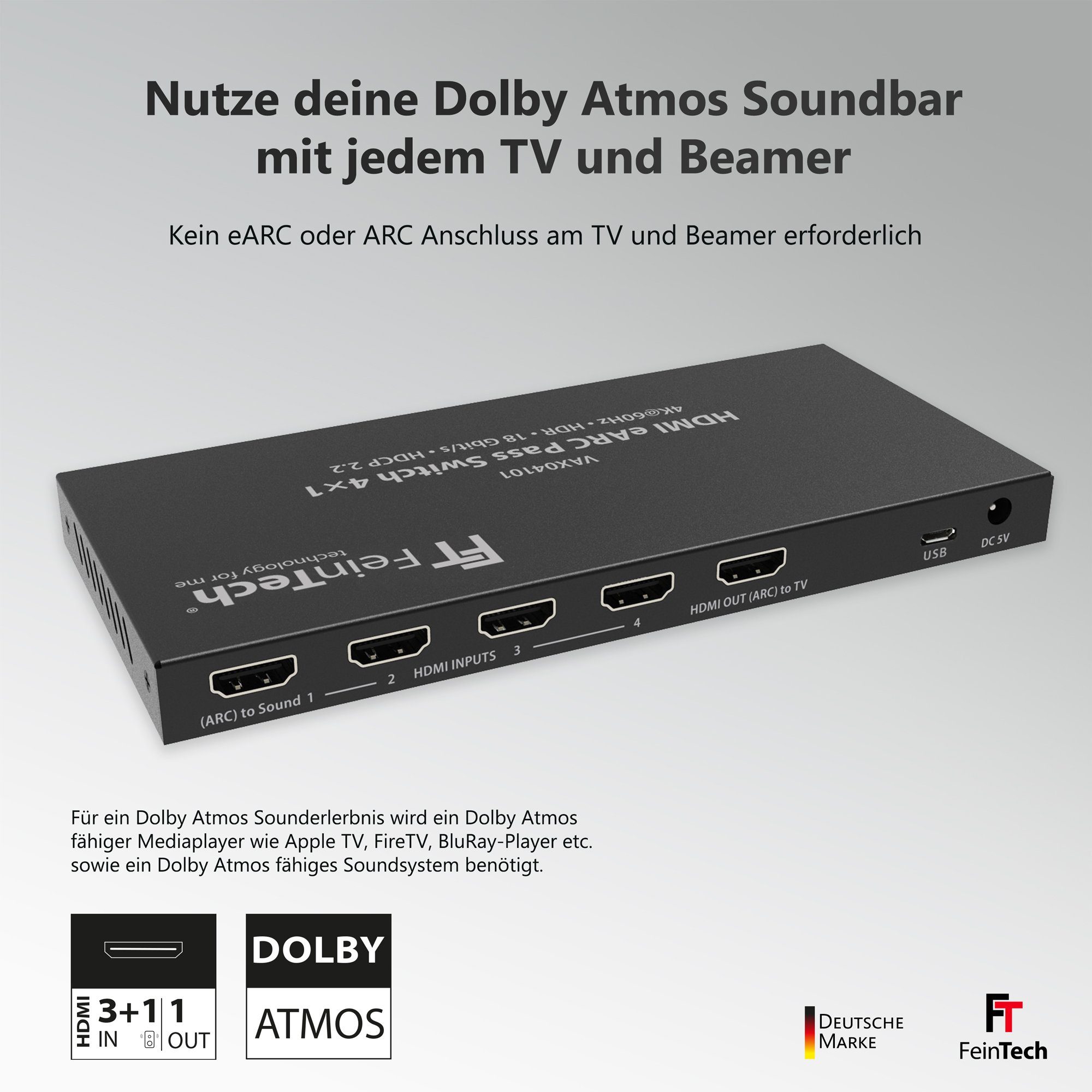 FeinTech HDMI-Splitter VAX04101 HDMI eARC Pass Switch 3 In 1 Out + eARC-Soundbar, unterstützt 4K 60Hz, Dolby Atmos, Dolby Vision, HDR10