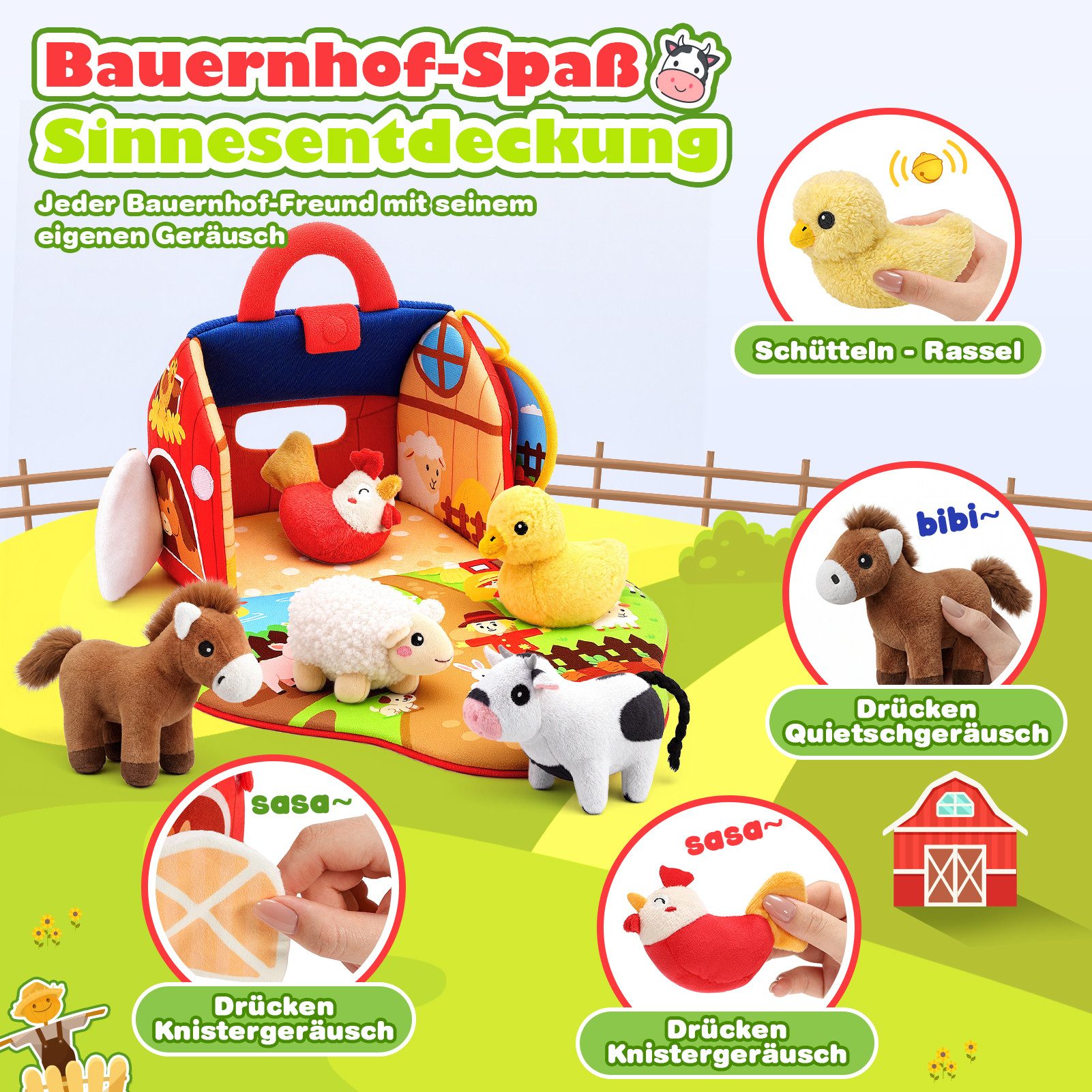 Wootoy Lernspielzeug Farmtier-Plüsch Sensorik Spielzeug Greifspielzeug Bauernhofspielzeug (mit 6 Farmtier-Plüschtieren und Scheunen-Aufbewahrungstasche, 7-St., mit Rassel Knisterfolie Quietschfunktion und Spiegel), Geschenk für Babys ab 6 Monaten mit praktischem Aufbewahrungskonzept