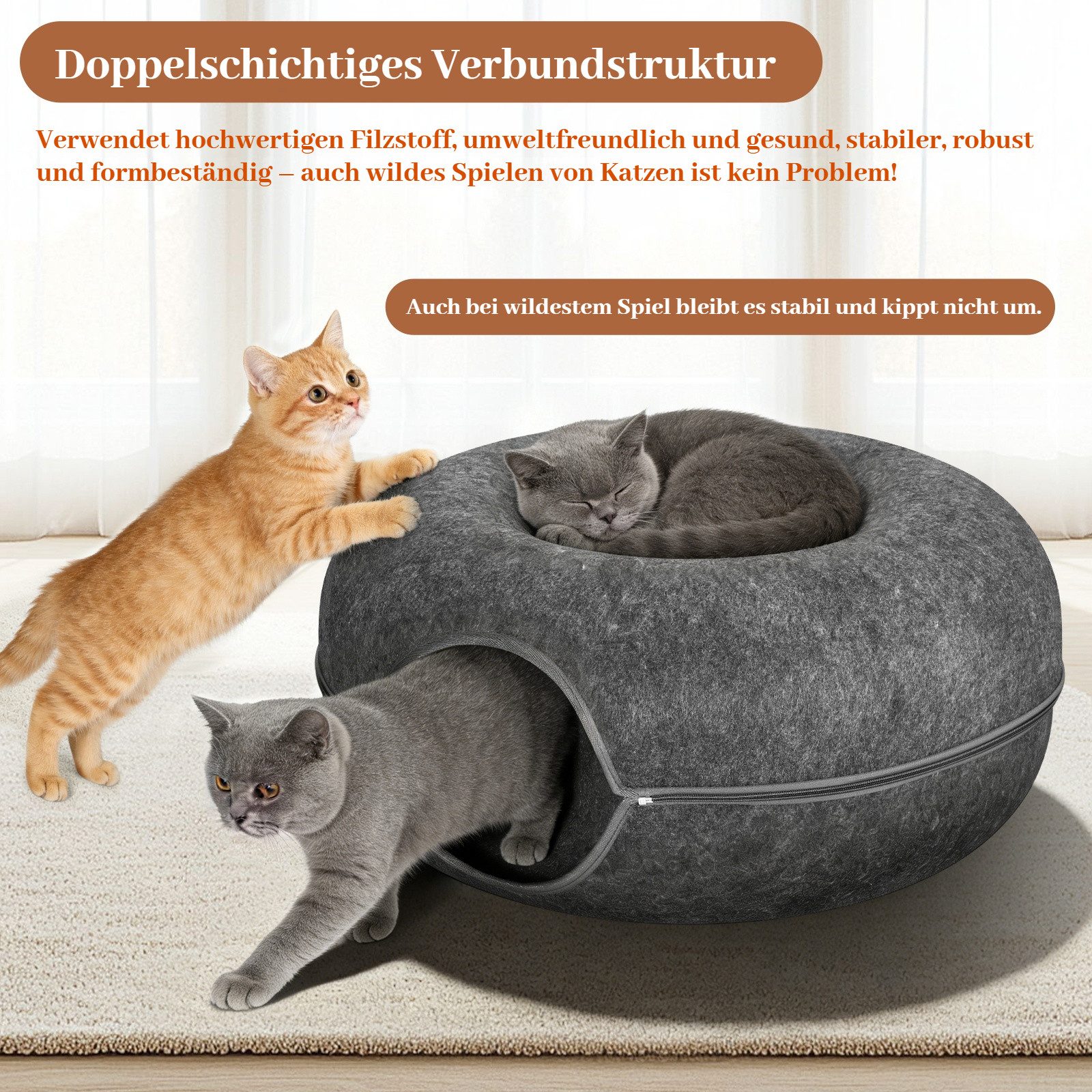 BlingBin Tiertunnel Katzentunnel Katzenhöhle aus Filz Stilvolles Katzenbett 60x60x28cm, Filz, Kratzfest & robust – Moderner Katzendonut & Katzentunnel