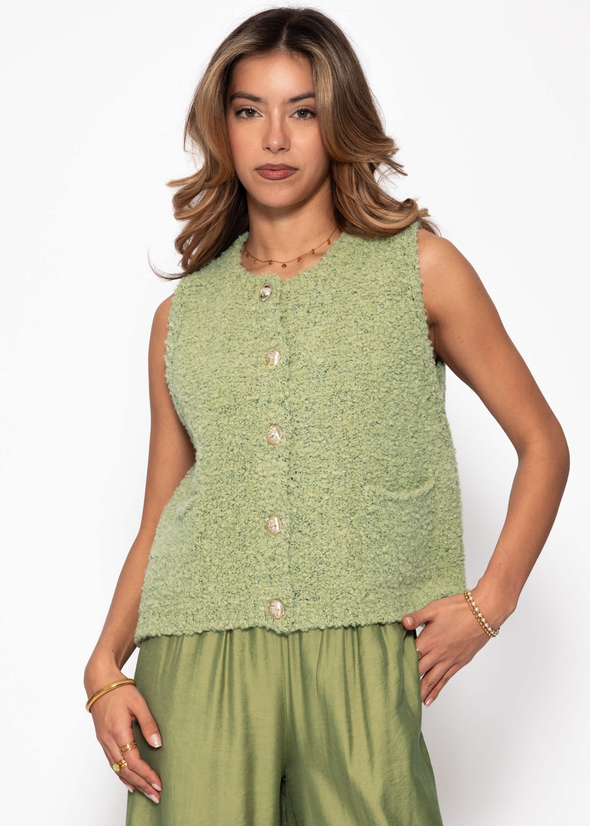 SASSYCLASSY Kurzweste Bouclé-Weste mit aufgesetzten Taschen für Damen Weiche Weste mit goldfarbenen Knöpfen Greige Rosa Schwarz Braun