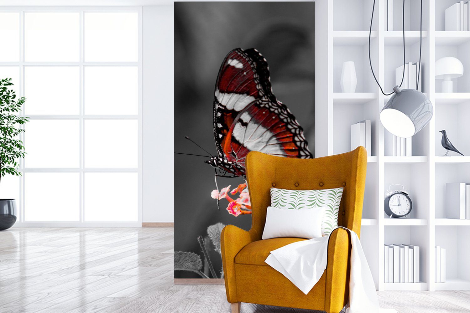 MuchoWow Fototapete Schmetterling - Tiere für - Fototapete weiß St), Wohnzimmer Blumen - und Schwarz bedruckt, - Küche, Orange, Schlafzimmer Vliestapete Matt, (2