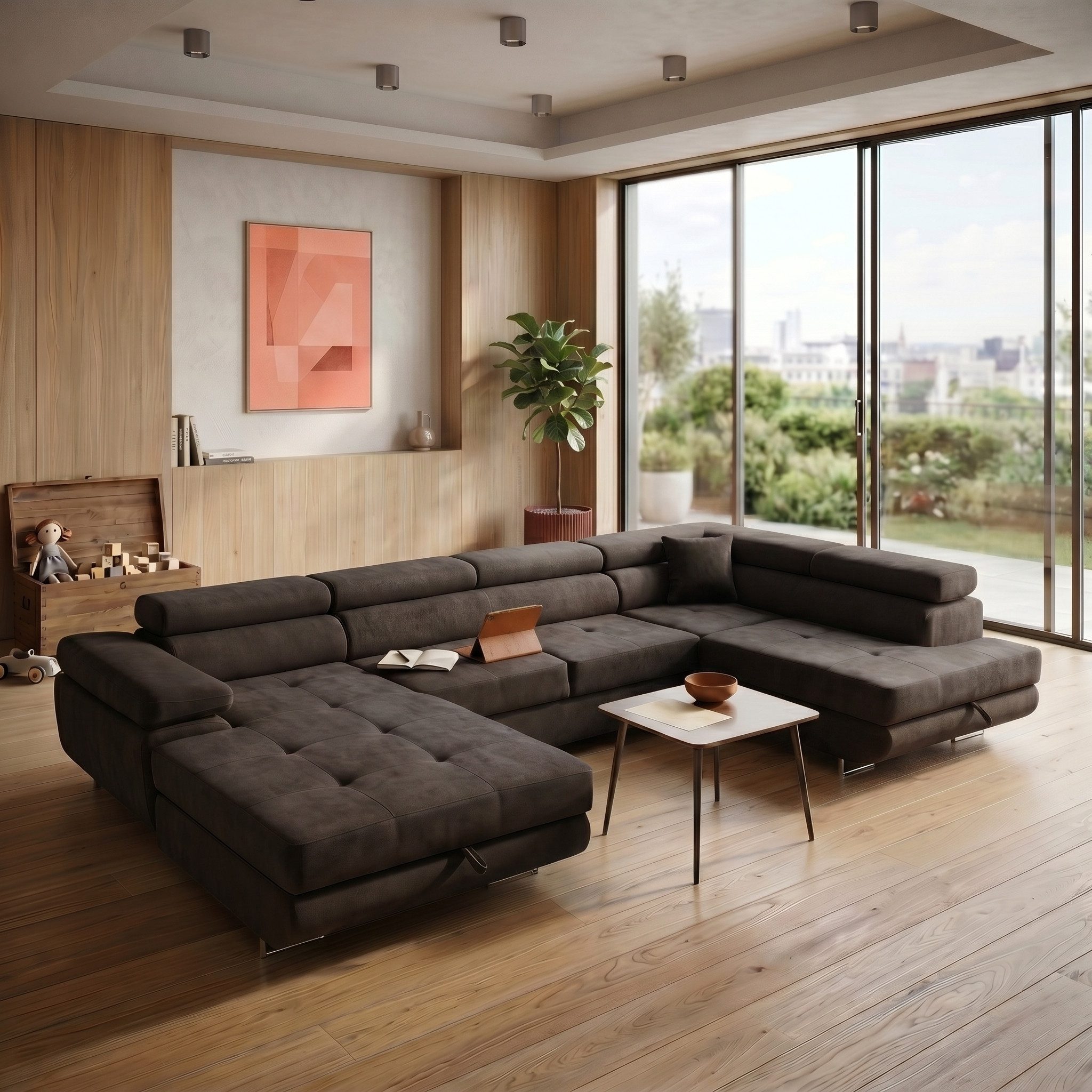 Muffo Ecksofa WILD U, Verstellbare Kopfstützen, elegante Metallbeine, 2 Bettzeugkasten, gelegentliche Schlaffunktion