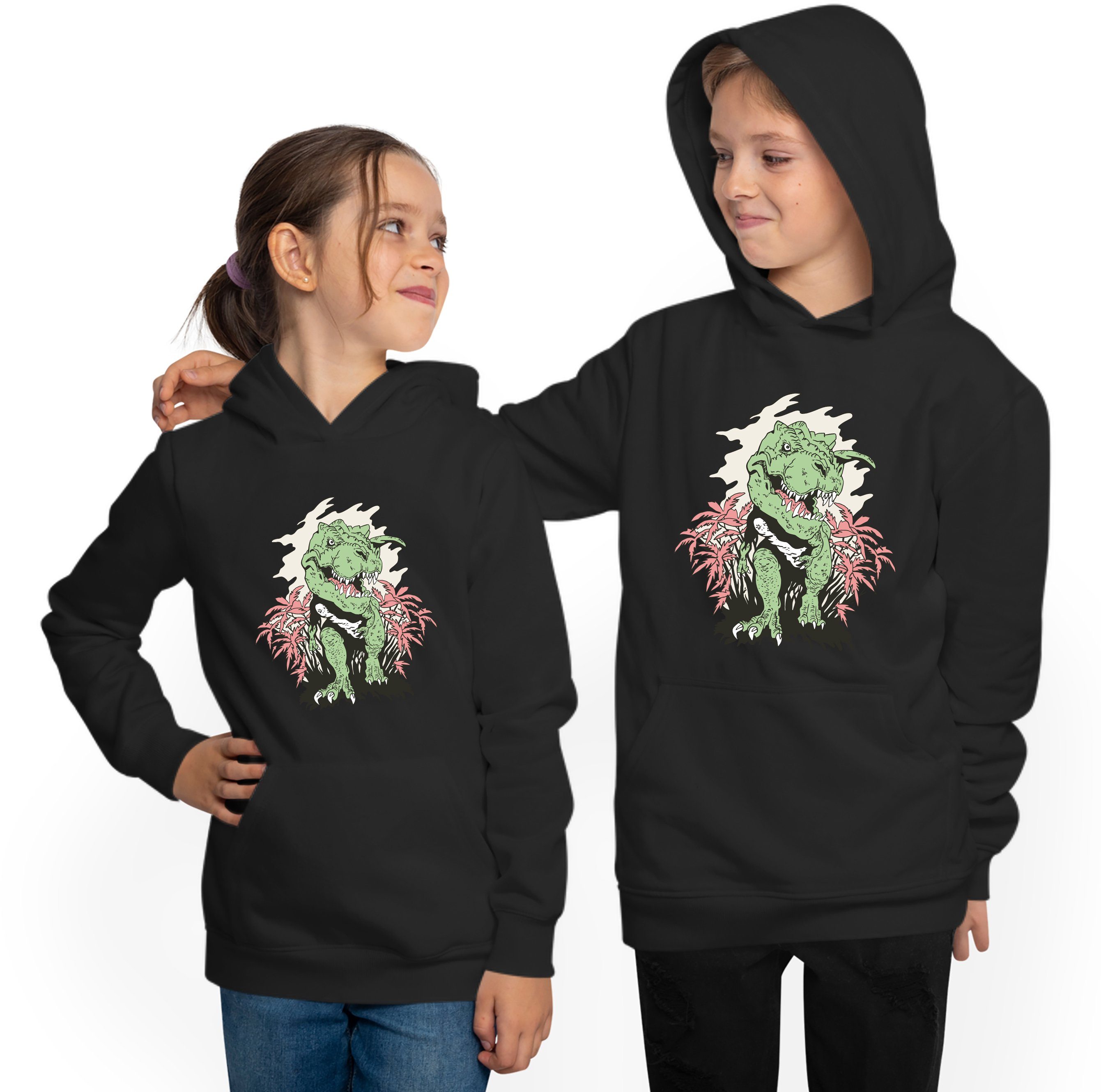 der Kinder Busch Hoodie Kapuzen T-Rex MyDesign24 einem aus i101 mit - Kapuzensweater Aufdruck, kommt Sweatshirt