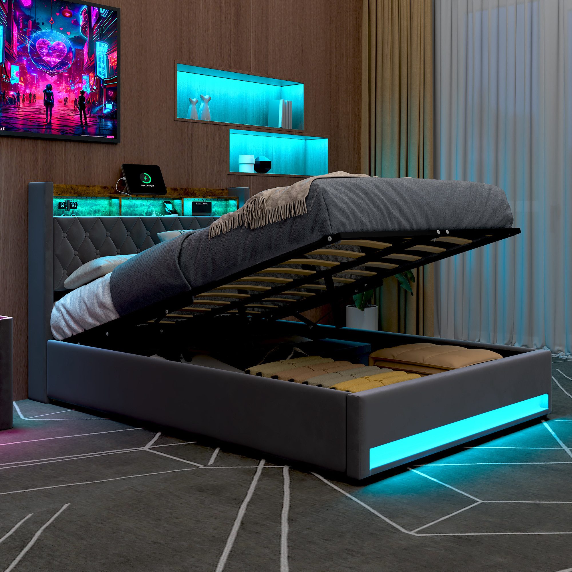 HAUSS SPOLE Polsterbett 140x200cm mit USB, 2 Steckdosen, LED-Beleuchtung Metallrahmen Grau (LED Doppelbett mit Lattenrost,  Ohne Matratze), Modernes Design Jugendbett