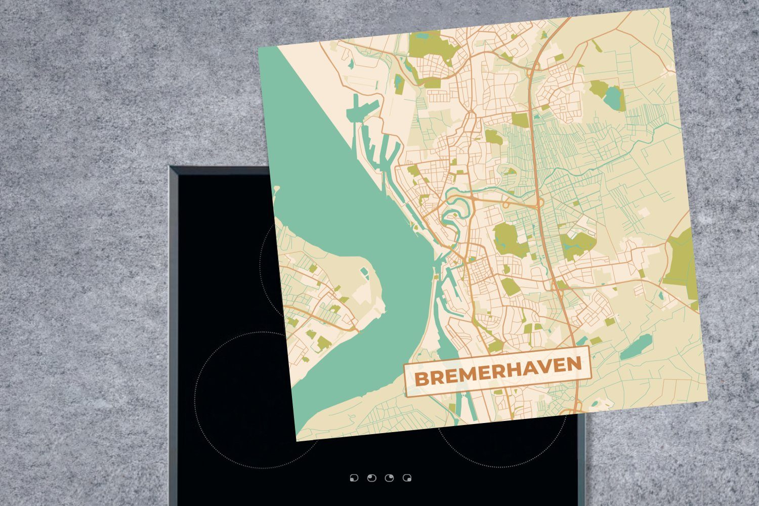 MuchoWow Herdblende-/Abdeckplatte Karte - - - Arbeitsplatte Vinyl, für Ceranfeldabdeckung, 78x78 (1 cm, - Bremerhaven Karte küche Vintage, Stadtplan tlg)