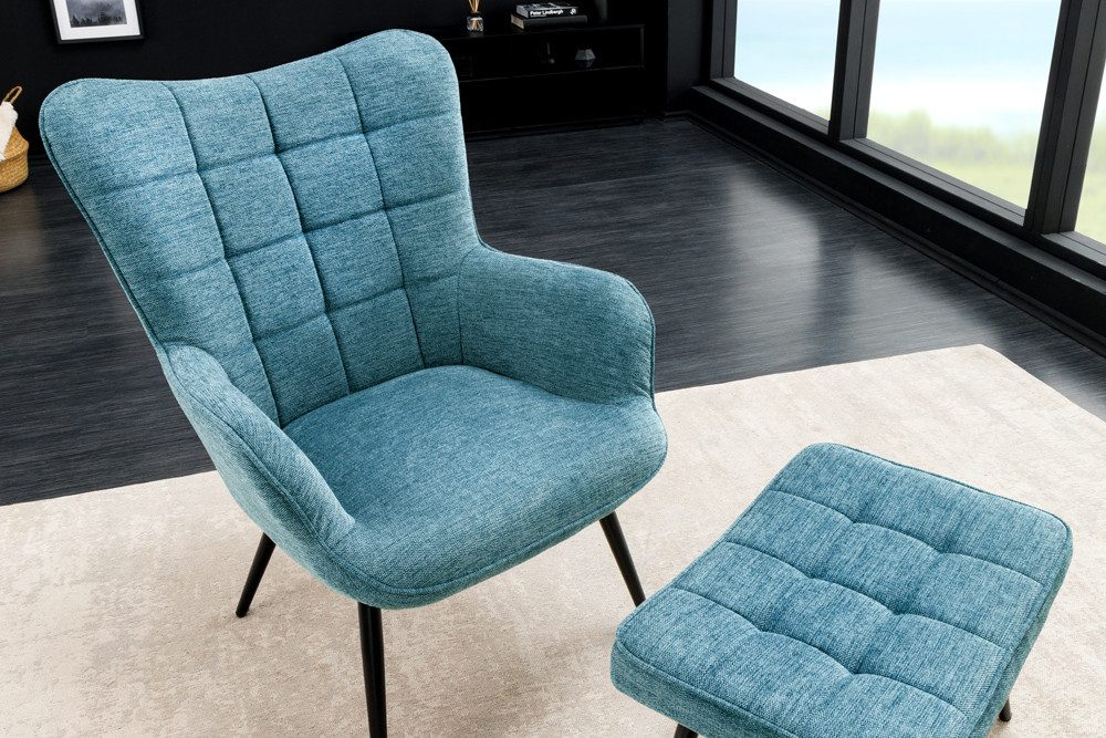 riess-ambiente Sessel SCANDINAVIA blau / schwarz - Strukturstoff, Metallbeine, gepolstert (Einzelartikel, 1-St), Wohnzimmer · Metall · mit Armlehnen · Scandi Design · Ziersteppung