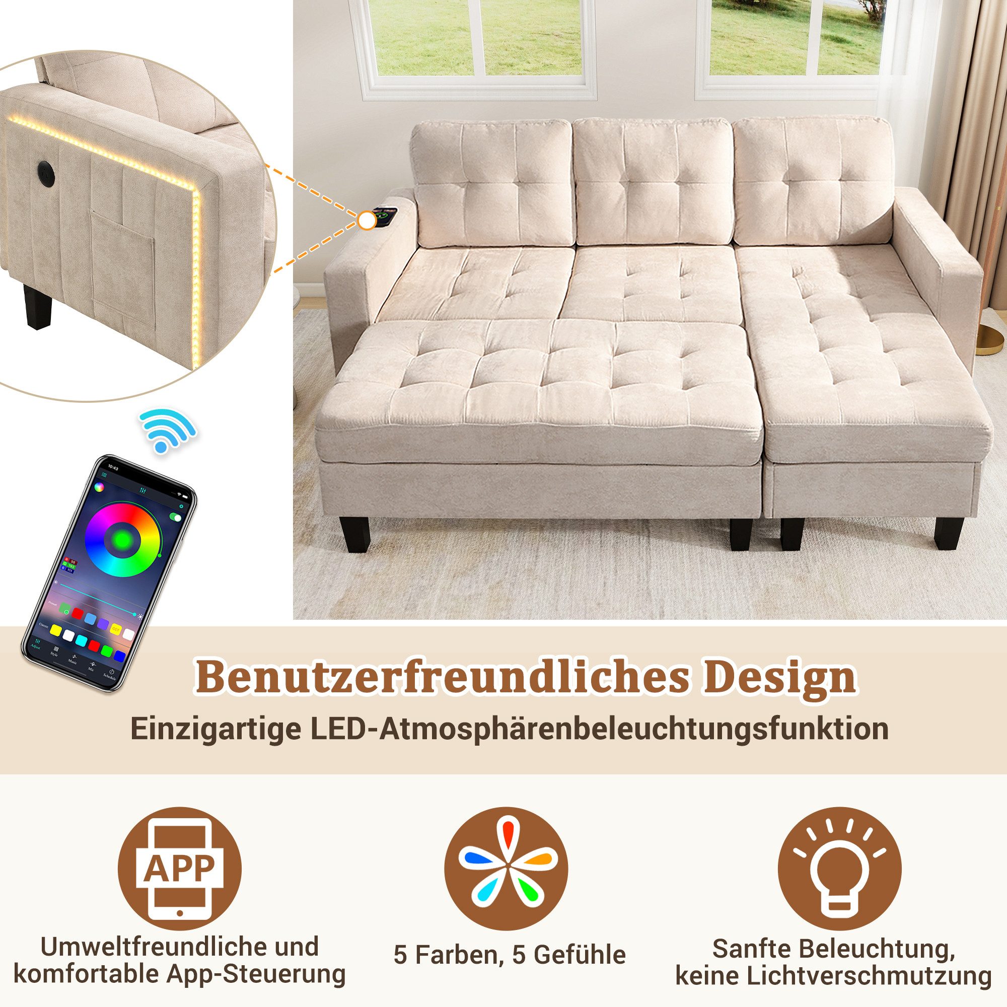 Merax Schlafsofa L-Form Sofa mit LED-Beleuchtung, 185x135x85cm, Flexibles Design,Chenille-Stoff 1 Teile, 3-Sitzer Chaiselongen mit XXL Fußbank, Modulares Sofabett Ecksofa