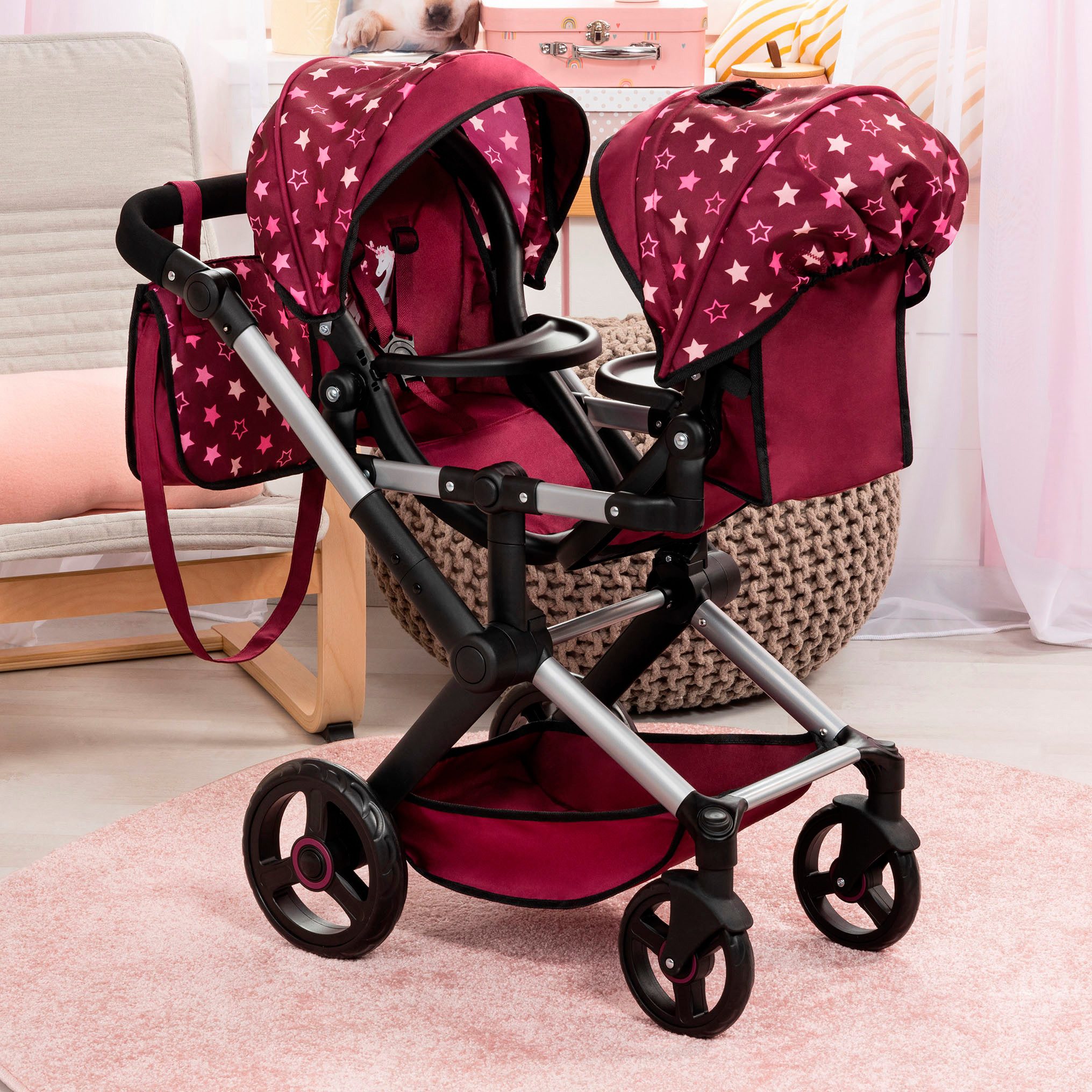 Bayer Puppen-Zwillingsbuggy Xeo Twin bordeaux, mit Wickeltasche