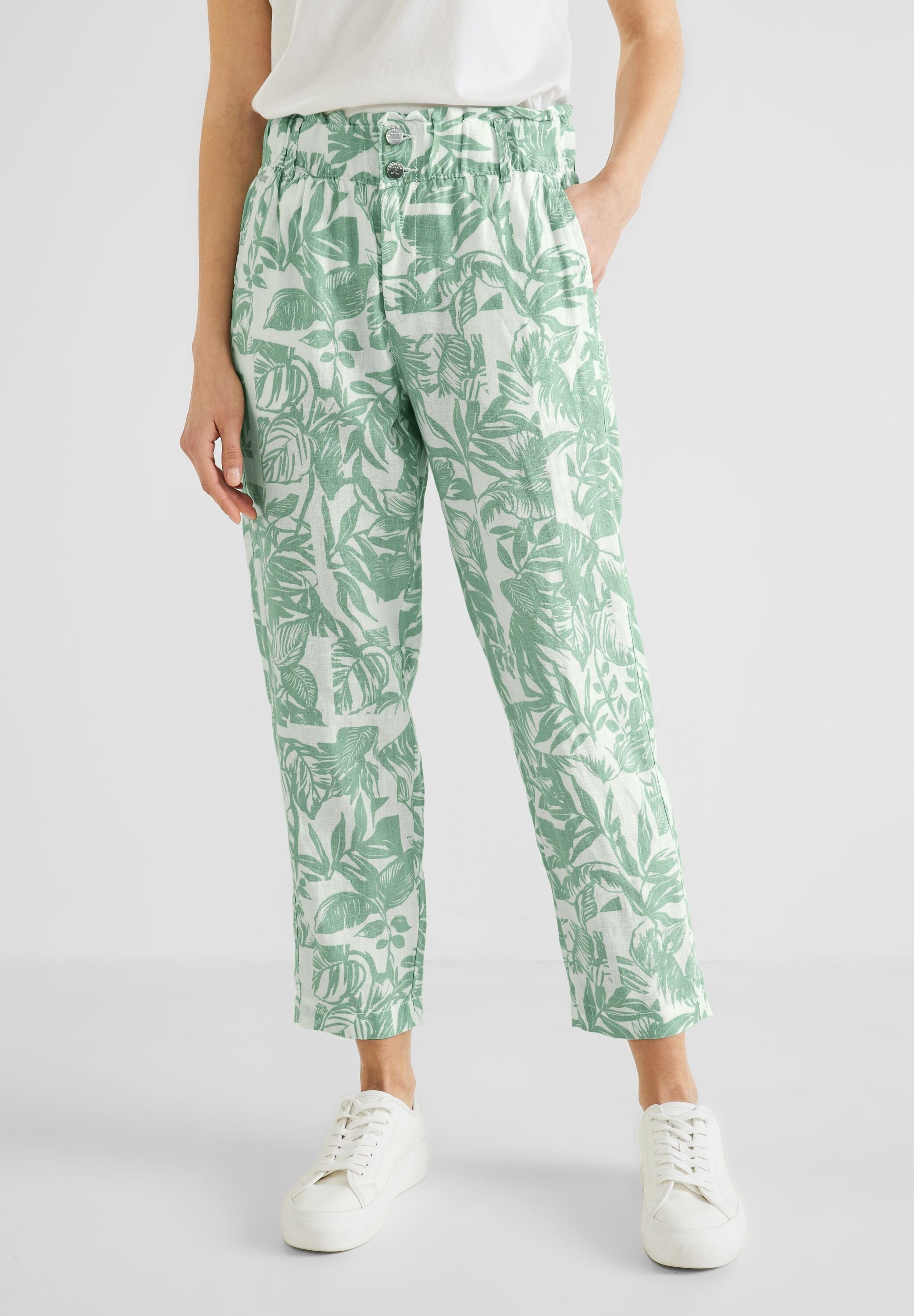 Nicht Soft in STREET One green soft Leinenhose Vorhanden (1-tlg) Street leafy Leafy Loose Paperbag-Hose ONE Gree Fit