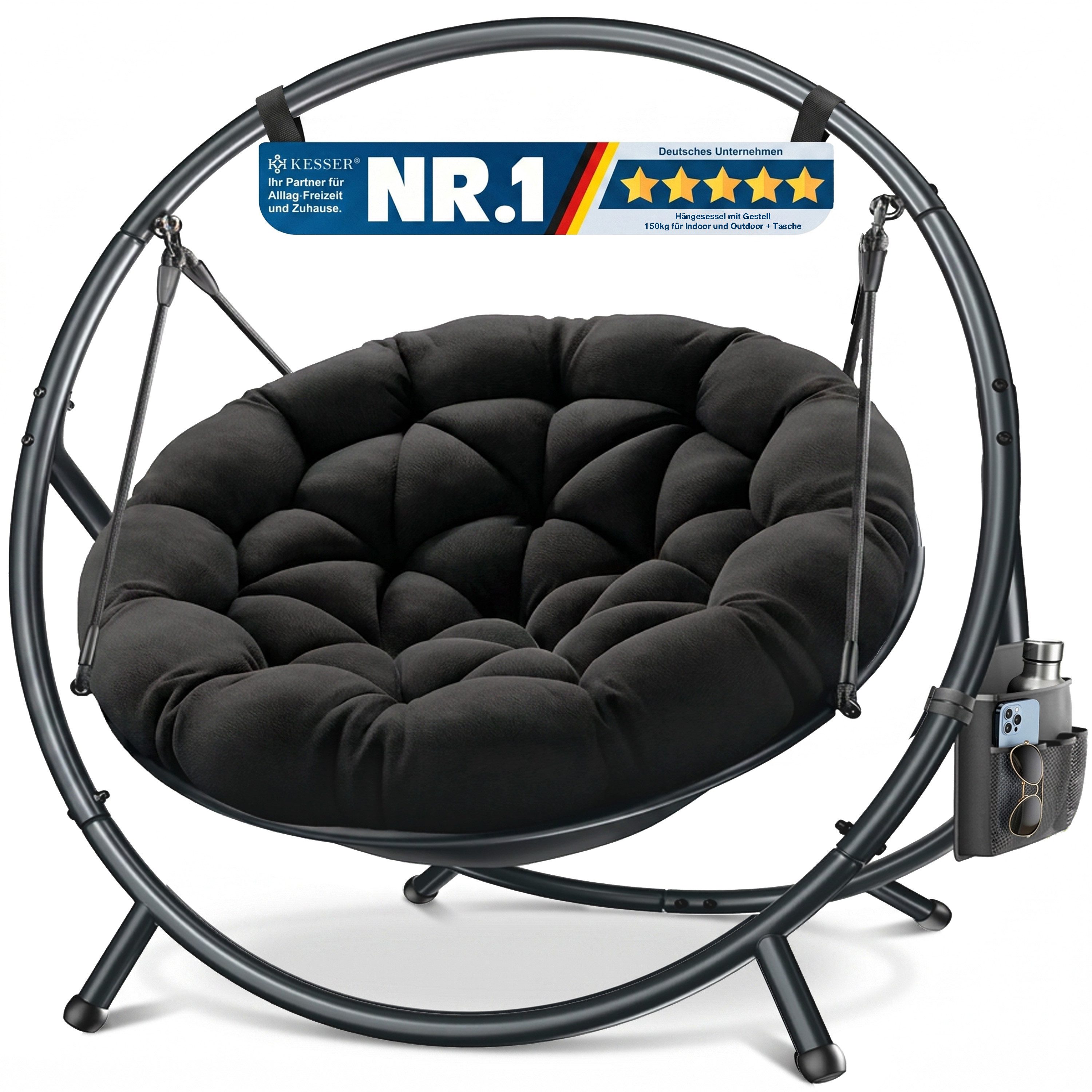 KESSER Hängesessel Bali Hängesessel mit Gestell Hängeschaukel Hängestuhl bis 150kg (mit Wipp Funktion, Kissen & Seitentasche), Hängekorb Stahlgestell Schaumstoff Sitzpolster für Wohnzimmer & Garten