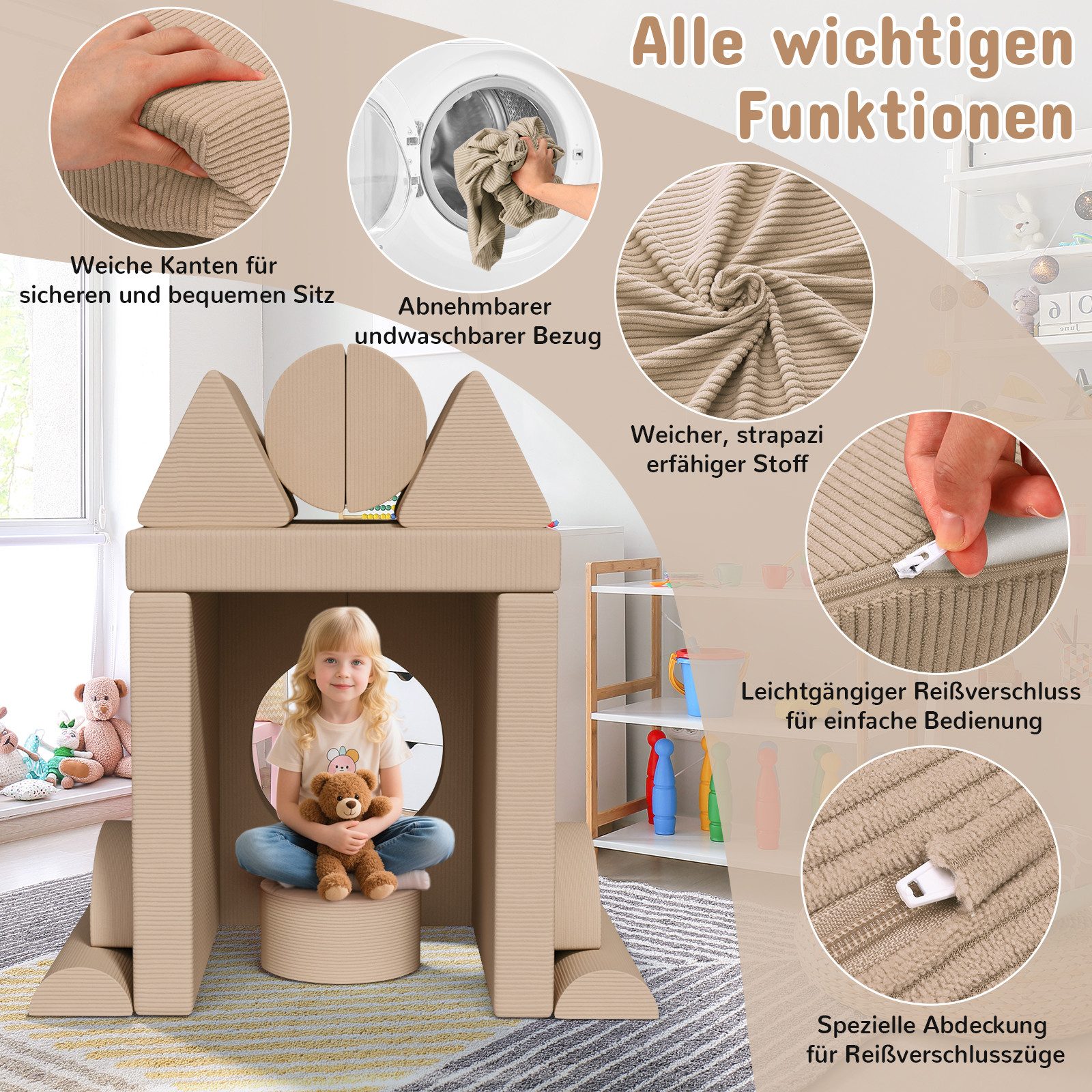 TLGREEN Kindersofa Spielsofa Cord, 15-Teiliges Modulare Kinderspielcouch, Kindersofa-Bausteine, Spielsofa für Kinder, kreatives Spielen für Kuschelecke im Kinderzimmer