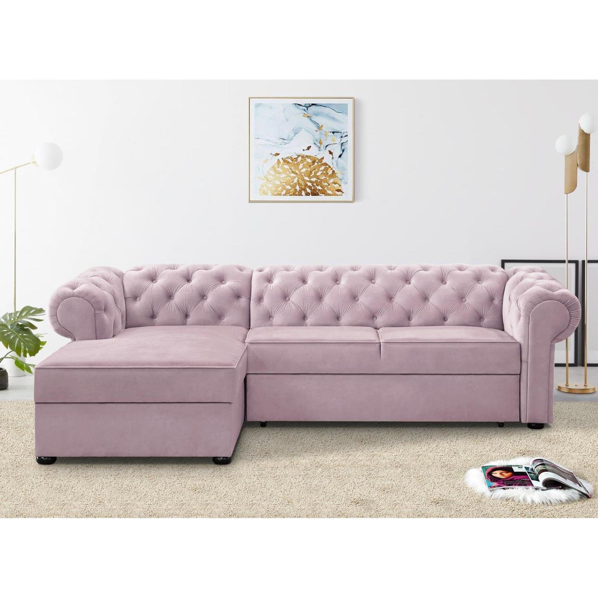 Beautysofa Polsterecke Chester, stilvoll Corner Sofa aus Velours, mit Relaxfunktion, mit Bettkasten Puderrosa (kronos 27)