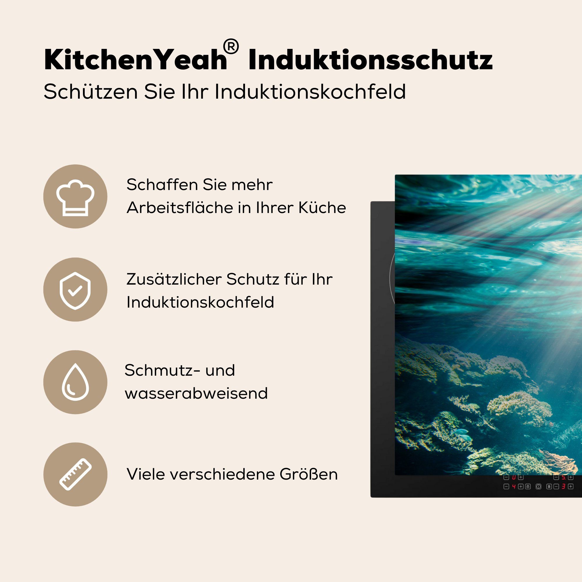 Sonne, MuchoWow Herdblende-/Abdeckplatte Vinyl, 81x52 Induktionskochfeld - - cm, Koralle für Schutz tlg), Meer Ceranfeldabdeckung küche, (1 die