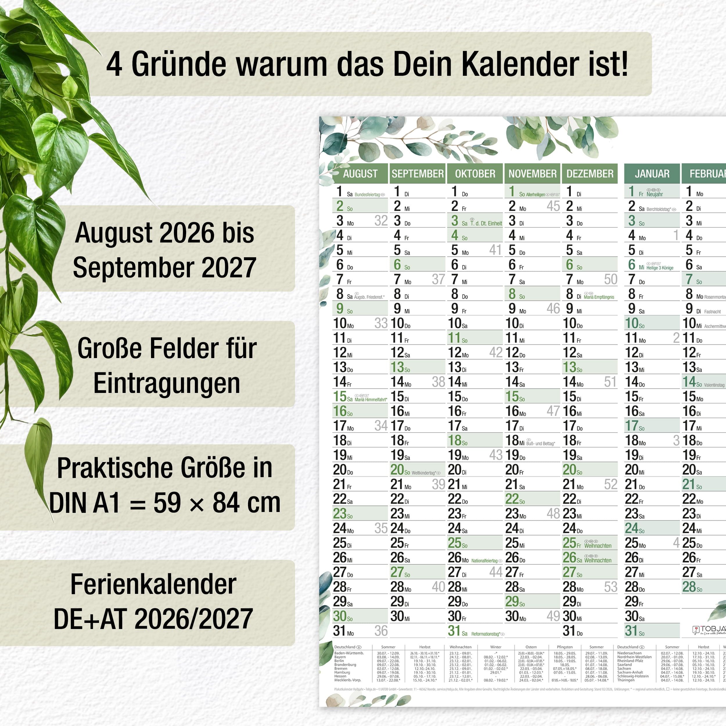 TOBJA Wandkalender Schuljahreskalender A1 2026/2027 "Eukalyptus" 14 Monate Jahresplaner, Wandkalender, Jahresplaner Ferien & Feiertage DE/AT – Bild 2 von 5